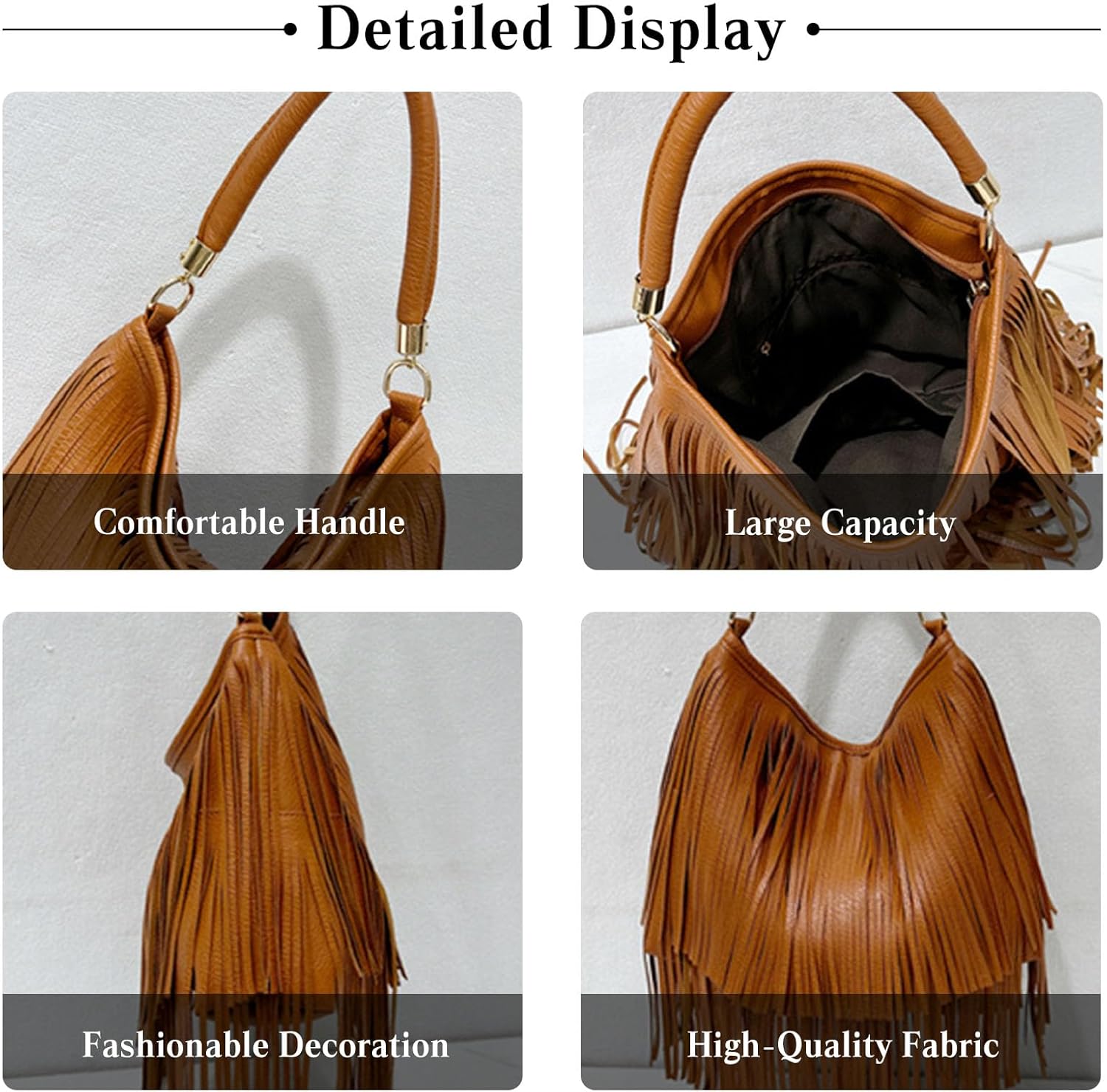 CORIOS Bohemian Fringe Leather Shoulder Bag for Women Dual-Side Tassel Handbag Underarm Purse Soft PU Leather Top Handle Bag