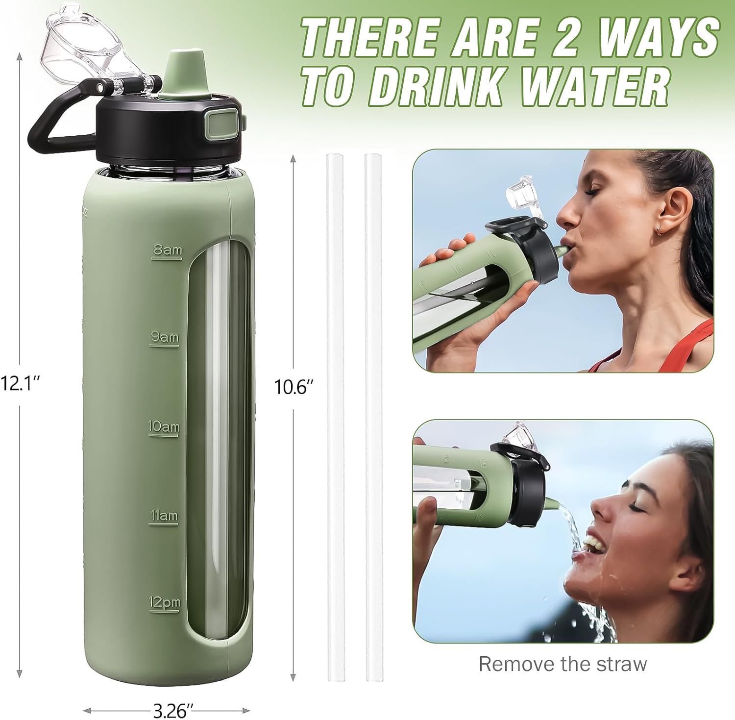 Kodrine 32 oz Glass Water Bottle with Straw and Carry Loop, One-Touch Leakproof Locking Lid, Reusable Drinking Bottle with Time Marker for Travel Home Gym Sports (Olive) - Image 6