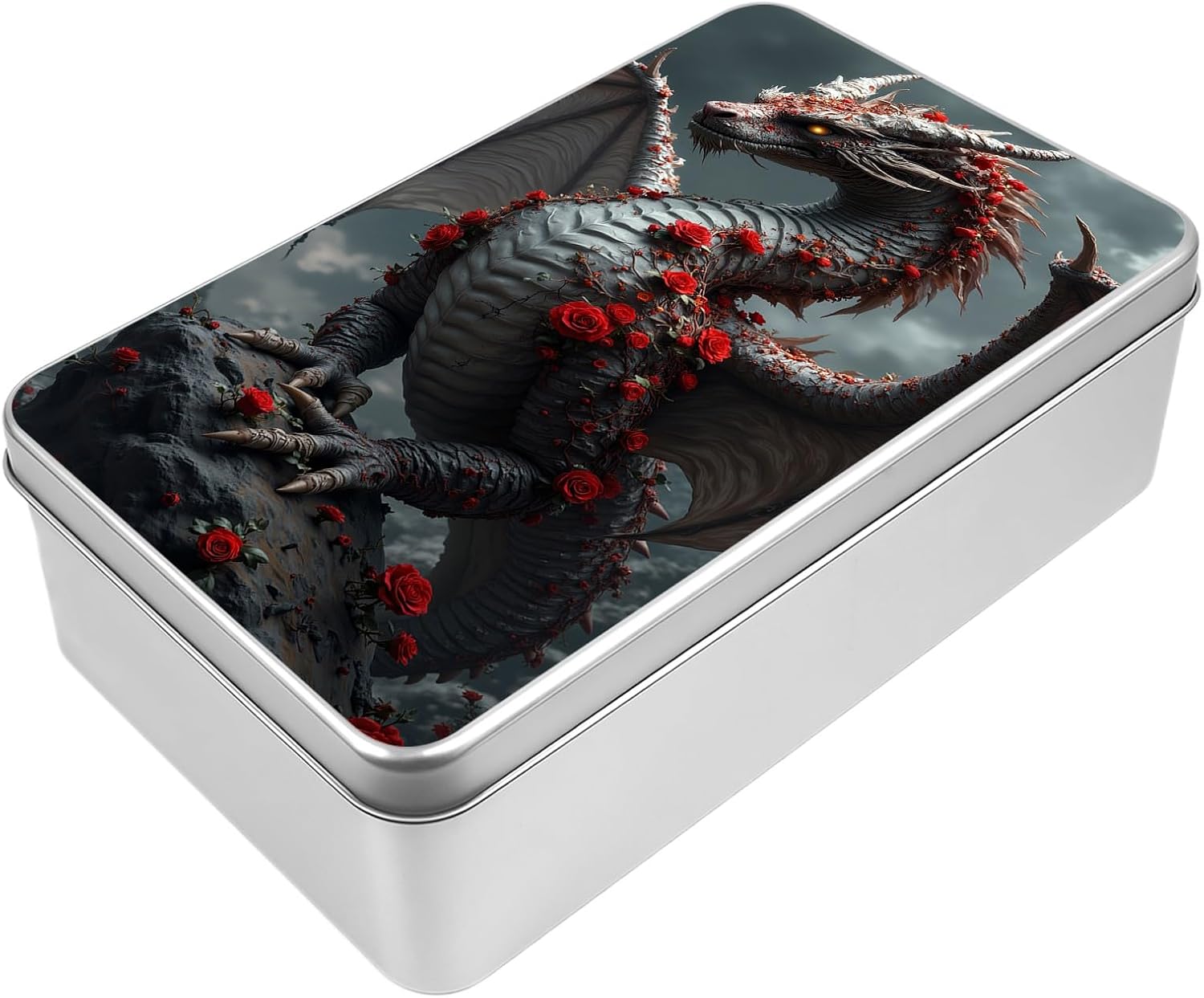 Metal Tin Box, Rose Dragon Rectangular Tin Container with Lid, 7.1 x 4.3 x 2.2 inch, Christmas Gifting Box for Home Organizer, Cookie, Pencil, Car Keys