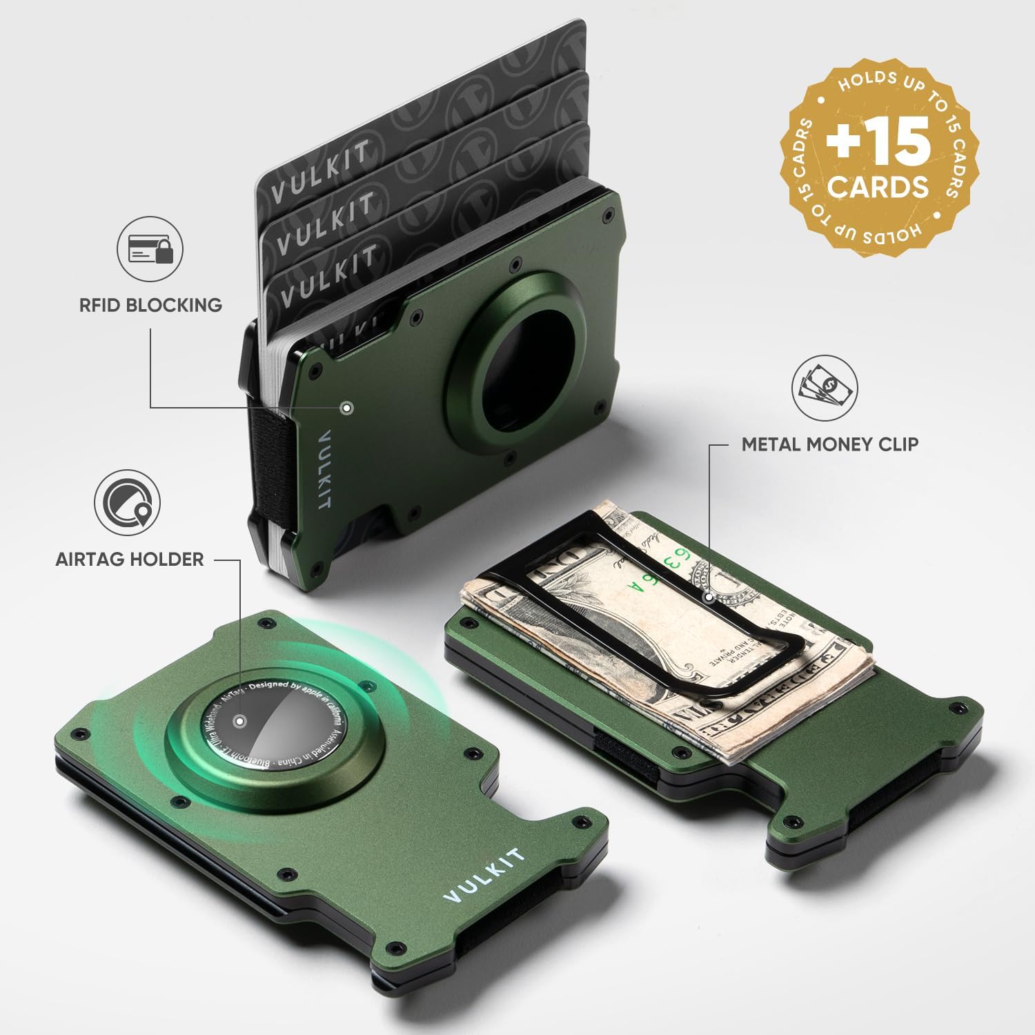 VULKIT Minimalist Slim Wallet for Mens with Money Clip- RFID Blocking with AirTag Holder Design Metal Wallet, Army Green - Image 2