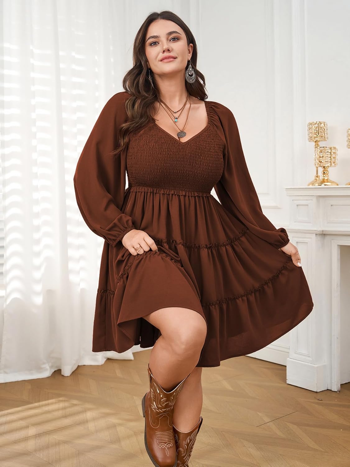 Plus Size Dresses for Curvy Women Smocked Long Sleeve Tiered Flowy Cute Short Fall Mini Dress - Image 3