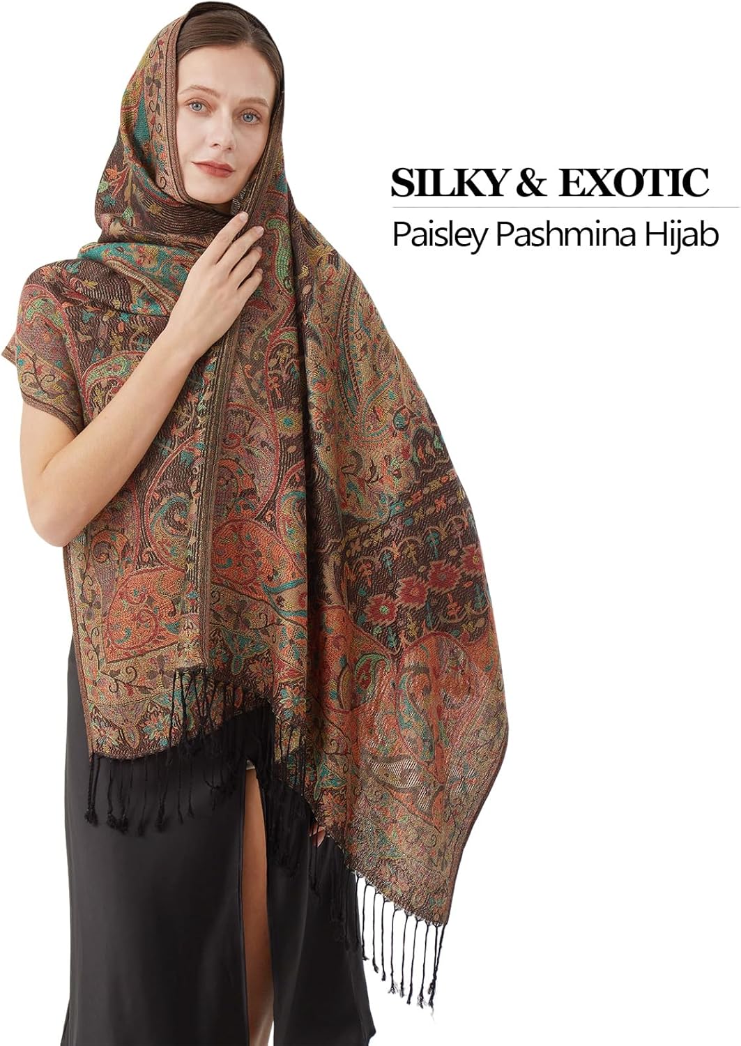 Paisley Pashmina Rave Shawl Scarf-Women's Reversible Ethnic Jacquard Pashmina Wraps for Travel - Image 3