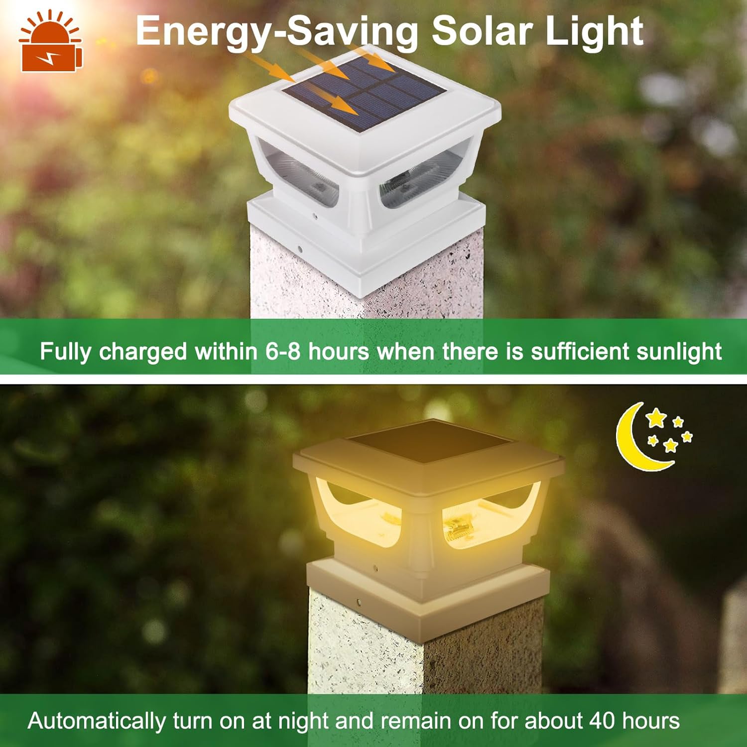 Sumaote Solar Post Caps Lights for 3x3 Metal/Vinyl & 4x4 Wood Posts, IP65 Waterproof, 120 Lumen 3000K Warm White LED Lighting for Garden, Fence, Deck and Mailbox, Dusk-to-Dawn,White Shell (2 Pack)