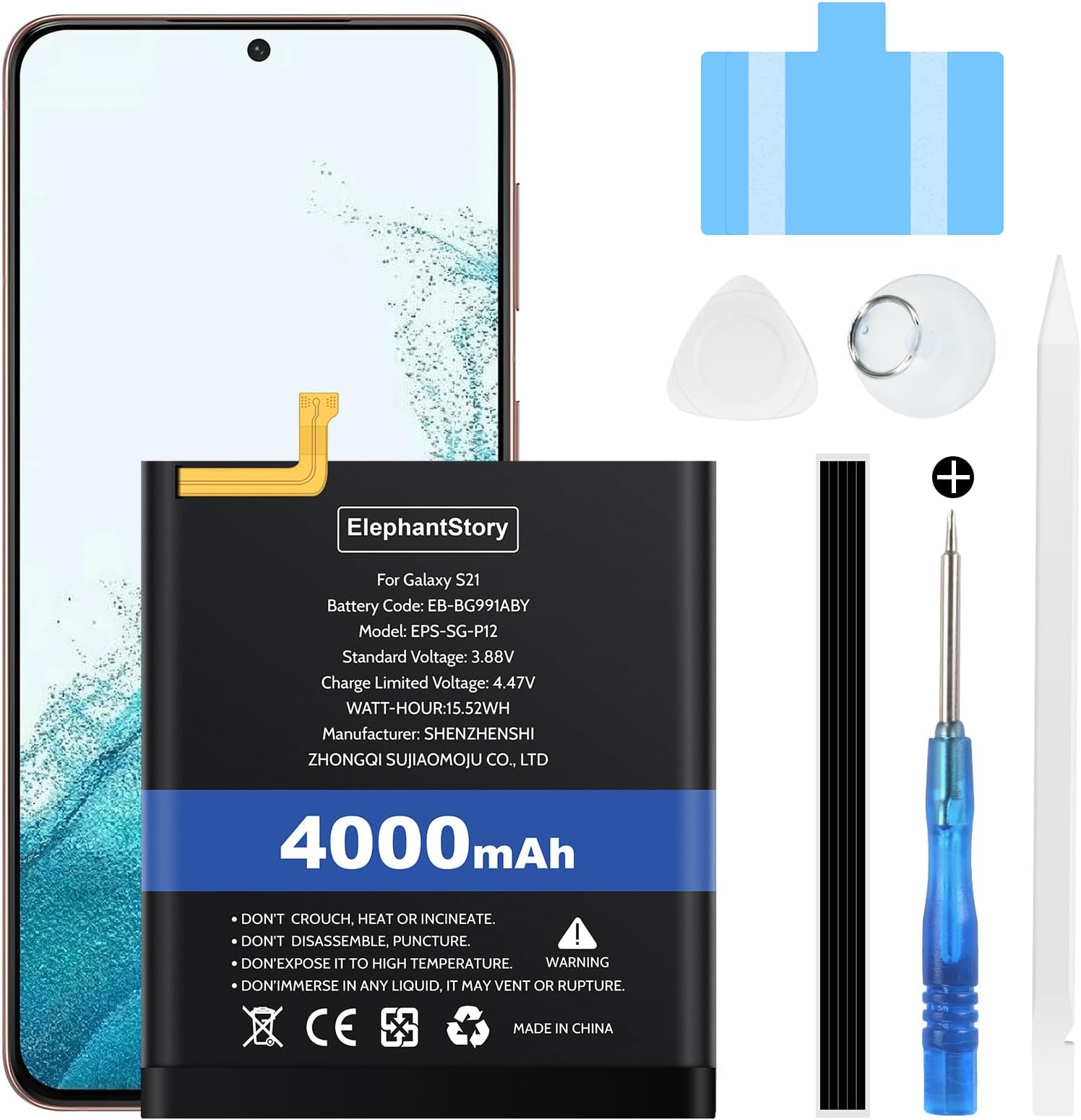 ElephantStory Battery for Galaxy S21, 5000 mAh Battery for Samsung Galaxy S21 SM-G991U1 with Repair Kits