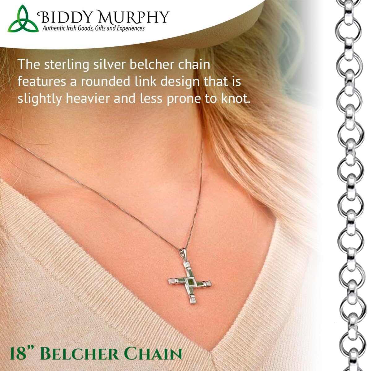 Biddy Murphy Saint Brigid Cross Sterling Silver Necklace for Women, Symbolizes Protection, Genuine Connemara Marble Inlay, Tarnish Resistant Rhodium 18" Chain, 7/8 x 1-1/4 inch