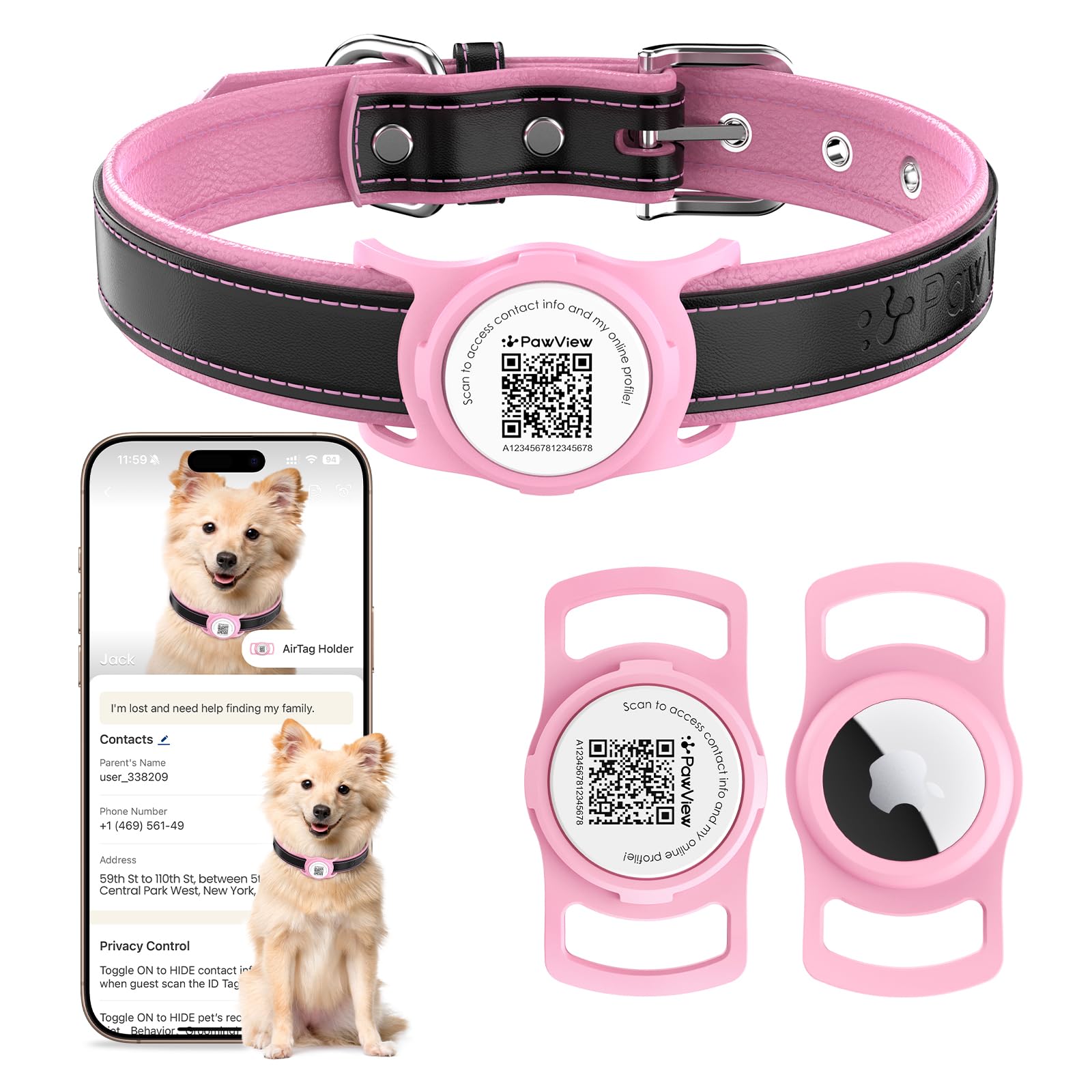 Collier en cuir avec support AirTag taille M pour chien de 35-51 cm