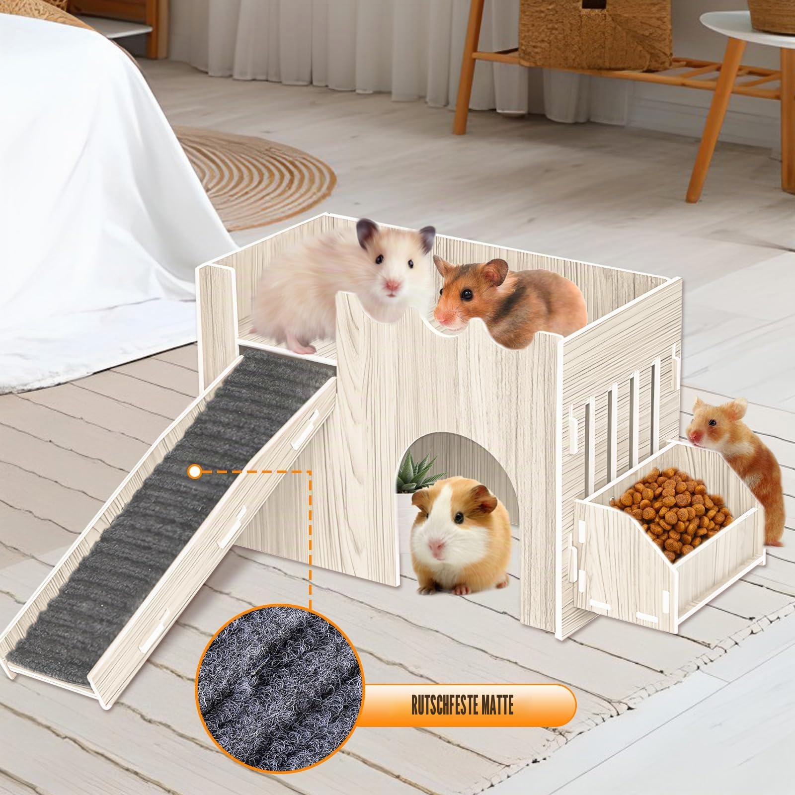 Meerschweinchen Versteck Haus Holz Meerschweinchen Schloss mit Futterbecken Meerschweinchen Spielzeug Zubehör für Chinchilla Hamster Igel Kaninchen Hase
