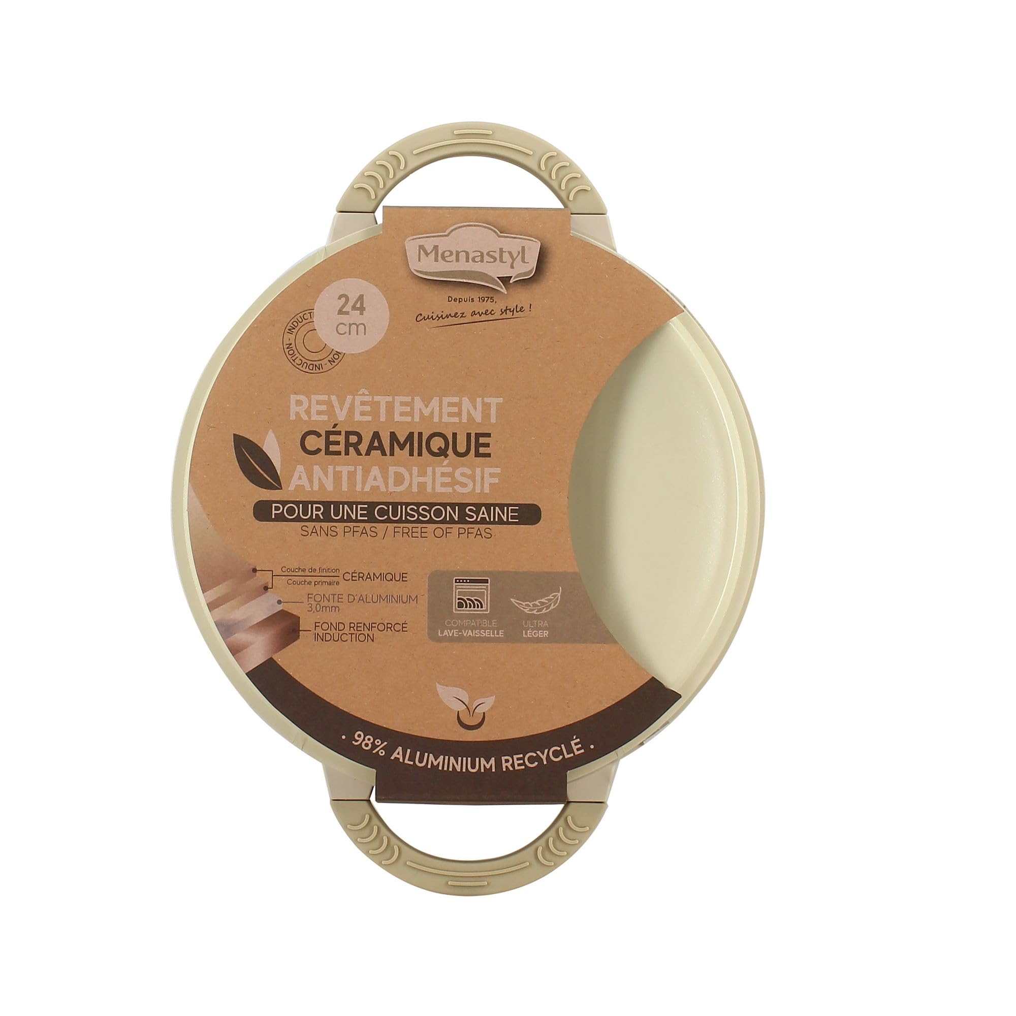 MENASTYL - Faitout induction 24 cm Pure - Revêtement céramique antiadhésif sans PFAS ni téflon - Compatible tous feux et lave-vaisselle - Corps en fonte d'aluminium recyclé - Couleur Crème - 6021036
