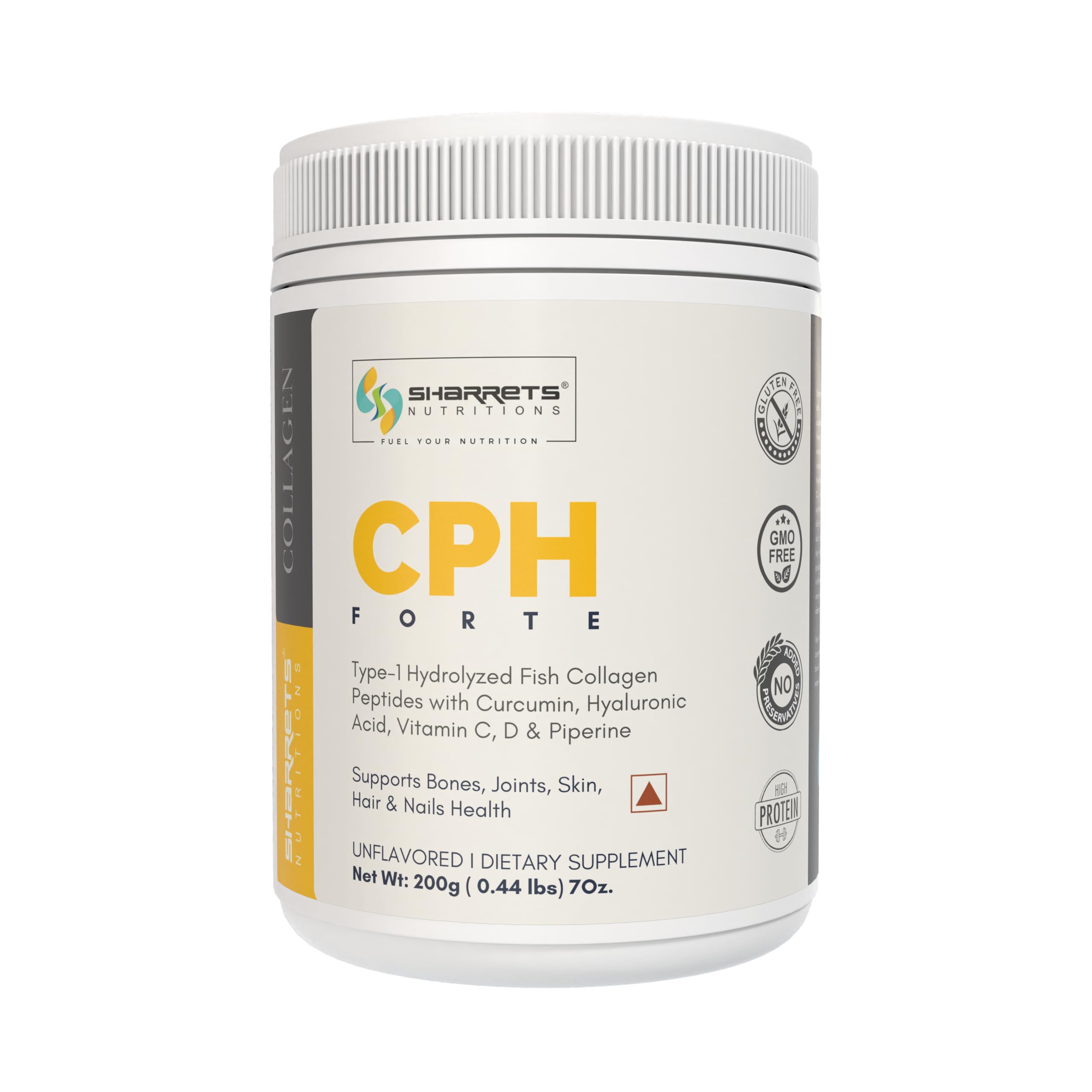 Sharrets CPH FORTE 200g : Fish Collagen Supplement for Skin, Bones, and Joints with Curcumin, Piperine, Hyaluronic Acid, Vitamin C & D