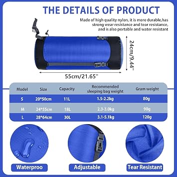Compression Stuff Sack,Waterproof Sleeping Bag Compression Sack, 11L/18L/30L/ Outdoor Storage Bag Stuff Sack for Camping Hiking Backpack