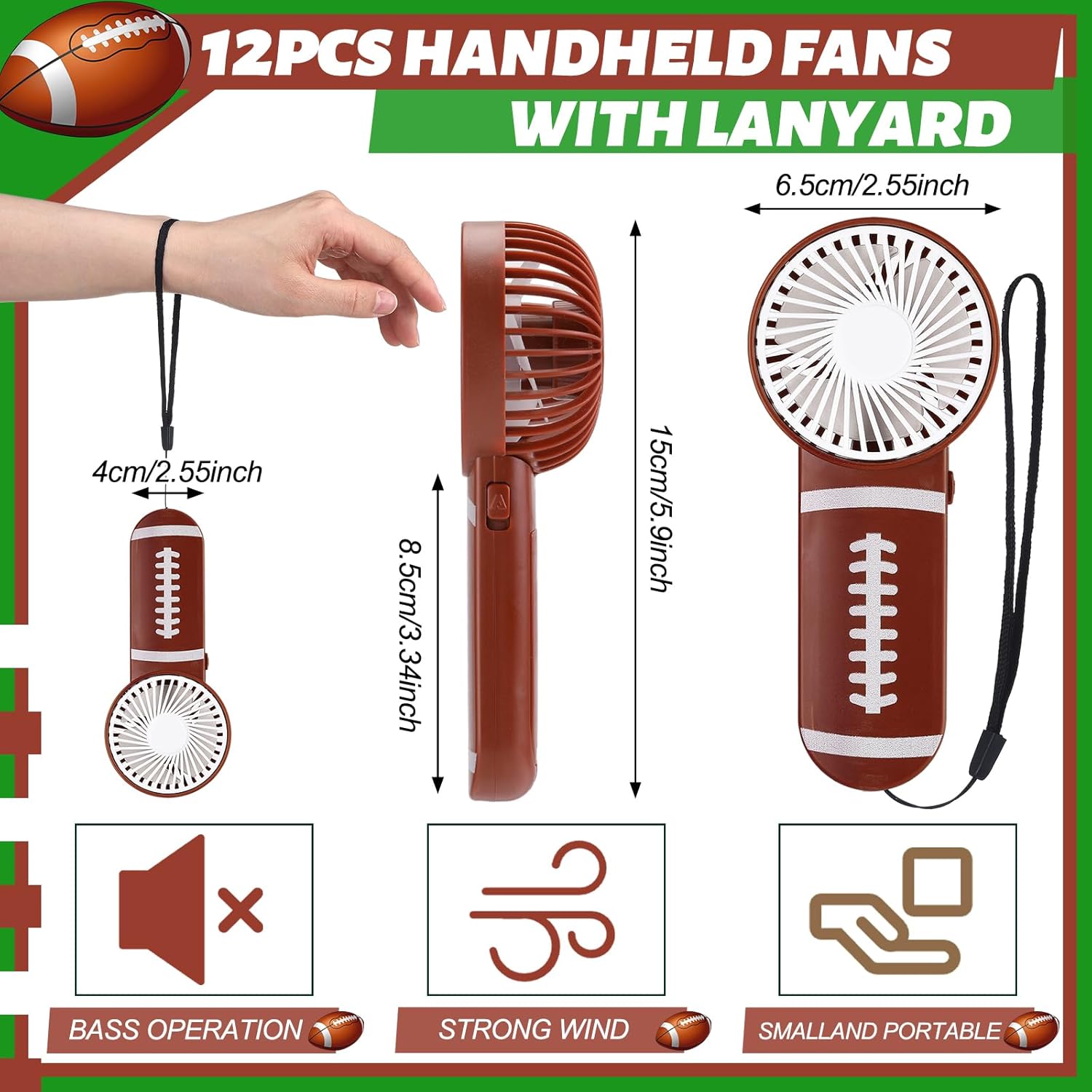 WILLBOND 12 Pcs Football Party Favors Mini Handheld Fan Bulk Small Personal Portable Fans with Lanyard for Football Goodie Bags Stuffers Team Gift Party Decorations Outdoor Sport, Battery Not Include