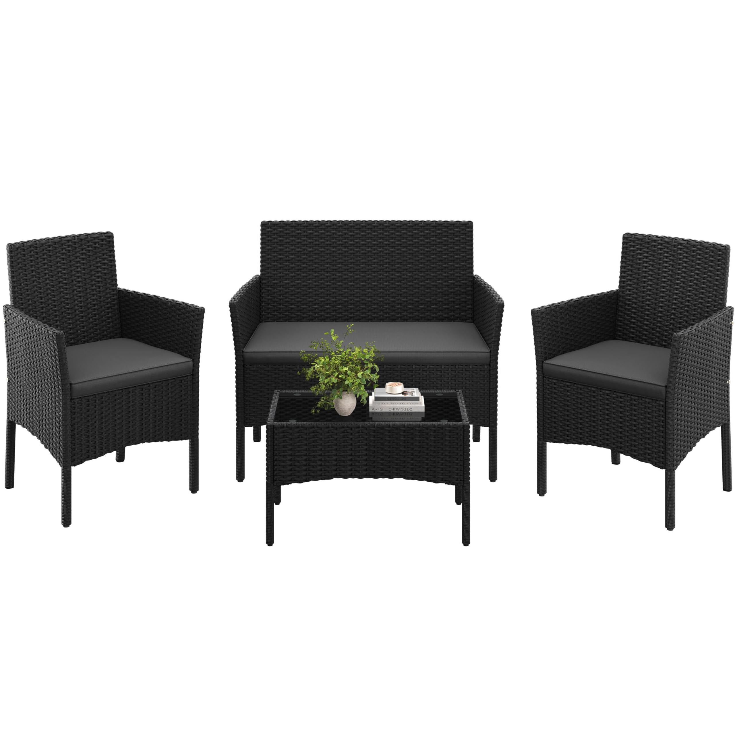 Yaheetech 4-Piece Rattan Patio Furniture Set, Outdoor 4 Seater Patio Conversation Sets with Glass Top Coffee Table, Weather Resistant Garden Conversation Set for Patio, Backyard, Deck, Black/Gray