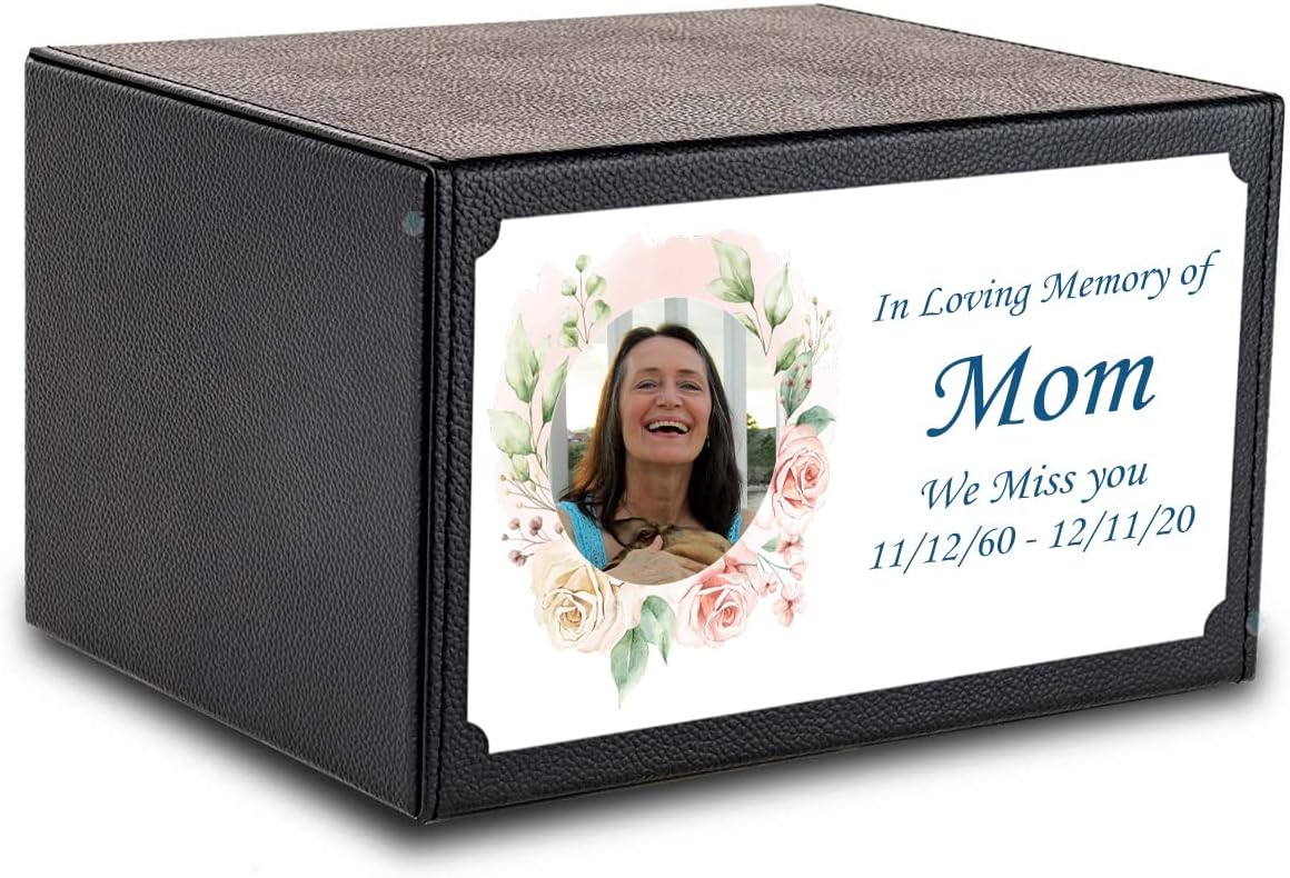 GetUrns Heritage Adult Leather Cremation Urn Box for Human Ashes I Photo Frame UV Printing Wooden Urns for Male and Female I 213lbs