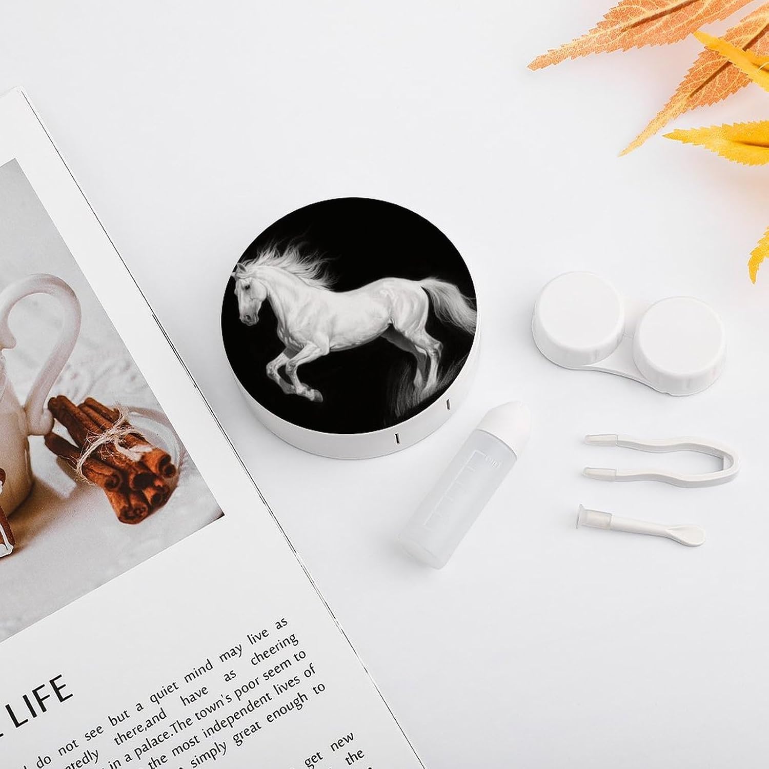 White Horse Black Contact Lens Case with Cleaner Washer Cute Contact Lens Soak Storage Holder Container with Mirror Mini Portable Contact Lens Box Set for Travel Outdoor Use