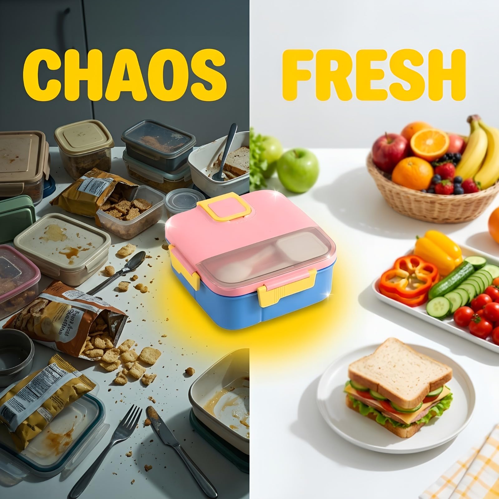 Bento-Box, Box mit Fächern für das Mittagessen, 7,0 x 7,4 x 2,7 Zoll tragbarer Lunchbehälter mit Besteck und Soßendose, mikrowellengeeignet für Büro und Meal Prep