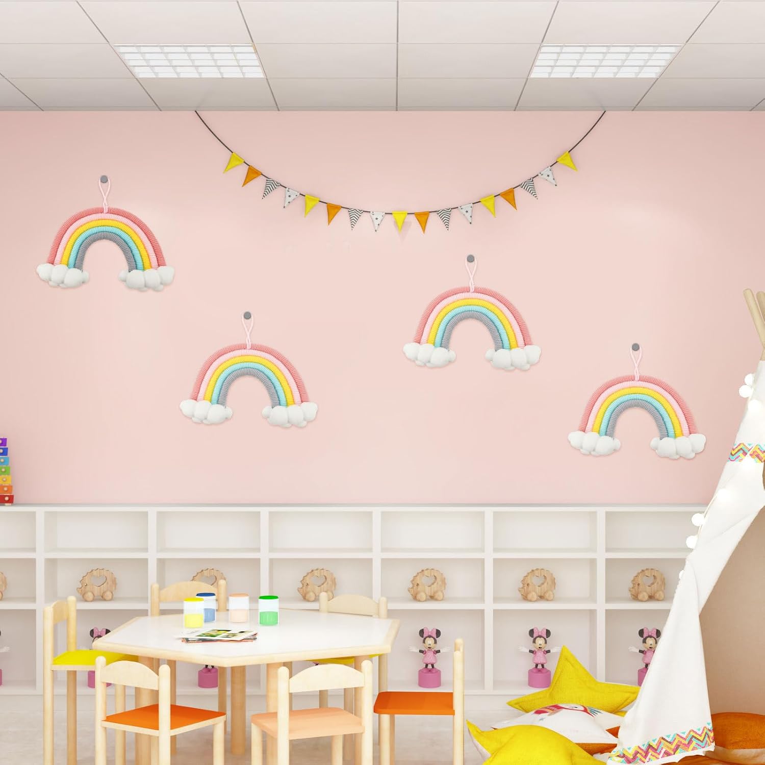 BESTOYARD Cloud Rainbow Ornament Hanging Pendant for Baby Nursery Bedroom Wall Decor Handmade Macrame Rainbow Decoration 8.66X5.90X1.57In