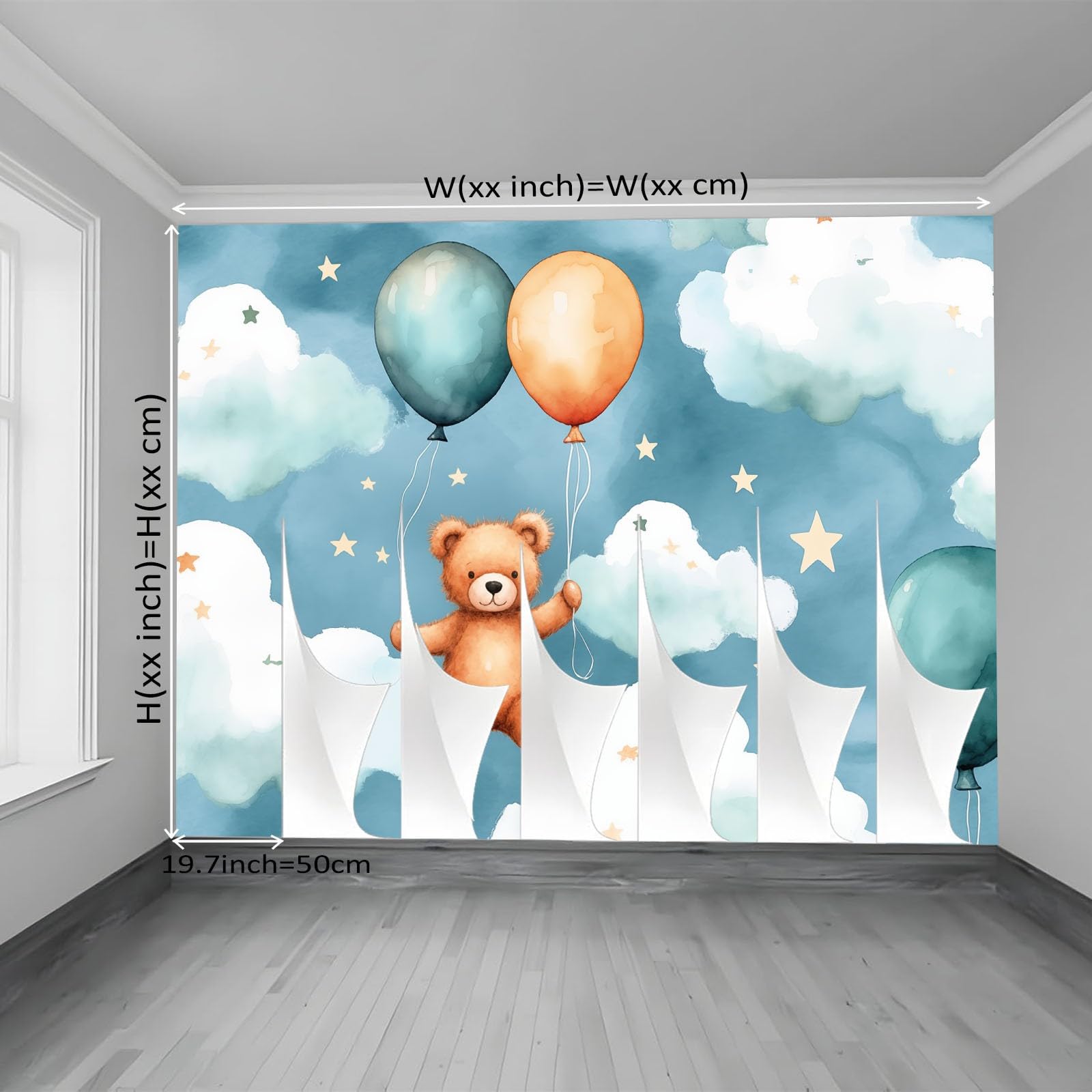 Panoramiczna tapeta 400 x 280 cm, akwarela kreskówka balon pluszowy miś salon sypialnia dekoracja domu - tapeta z włókniny 3D szary niebieski