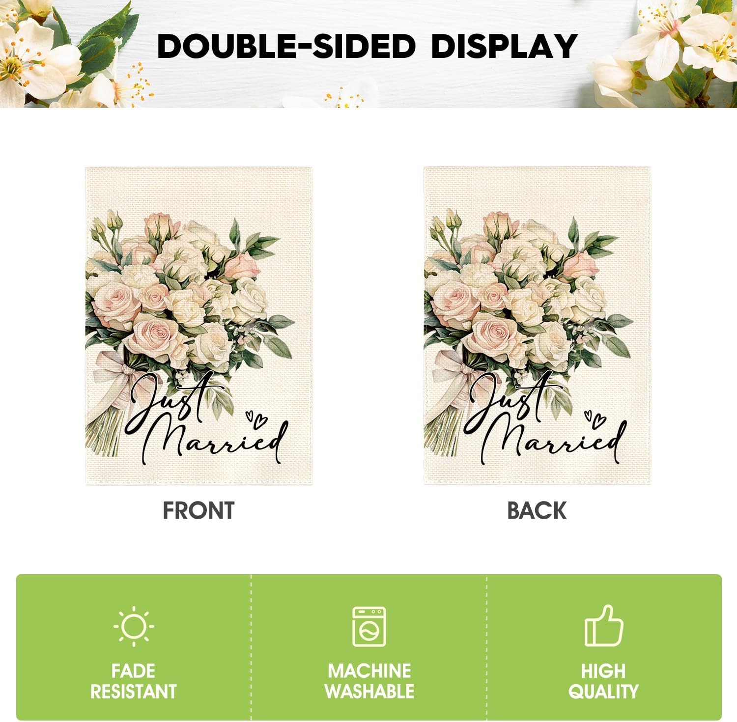 AVOIN colorlife Just Married Wedding Garden Flag 12x18 Inch Double Sided Outside, Floral Marriage Welcome Romantic Yard Outdoor Decoration - Image 6