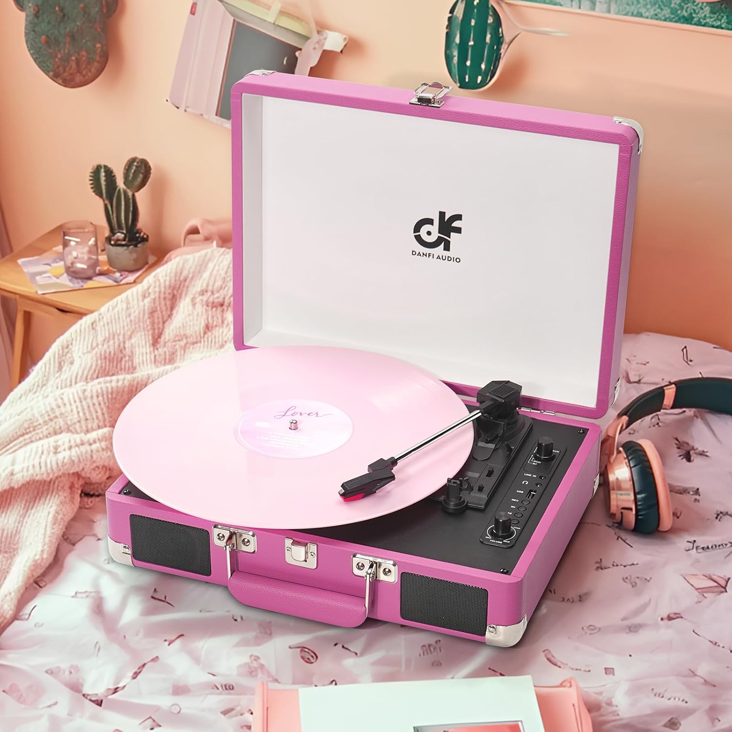 Vintage Hot Pink Suitcase Record Player with Built-in Stereo Speakers, Belt-Driven 3-Speed Turntable with Bluetooth in, USB Recording, RCA AUX Headphone Jack