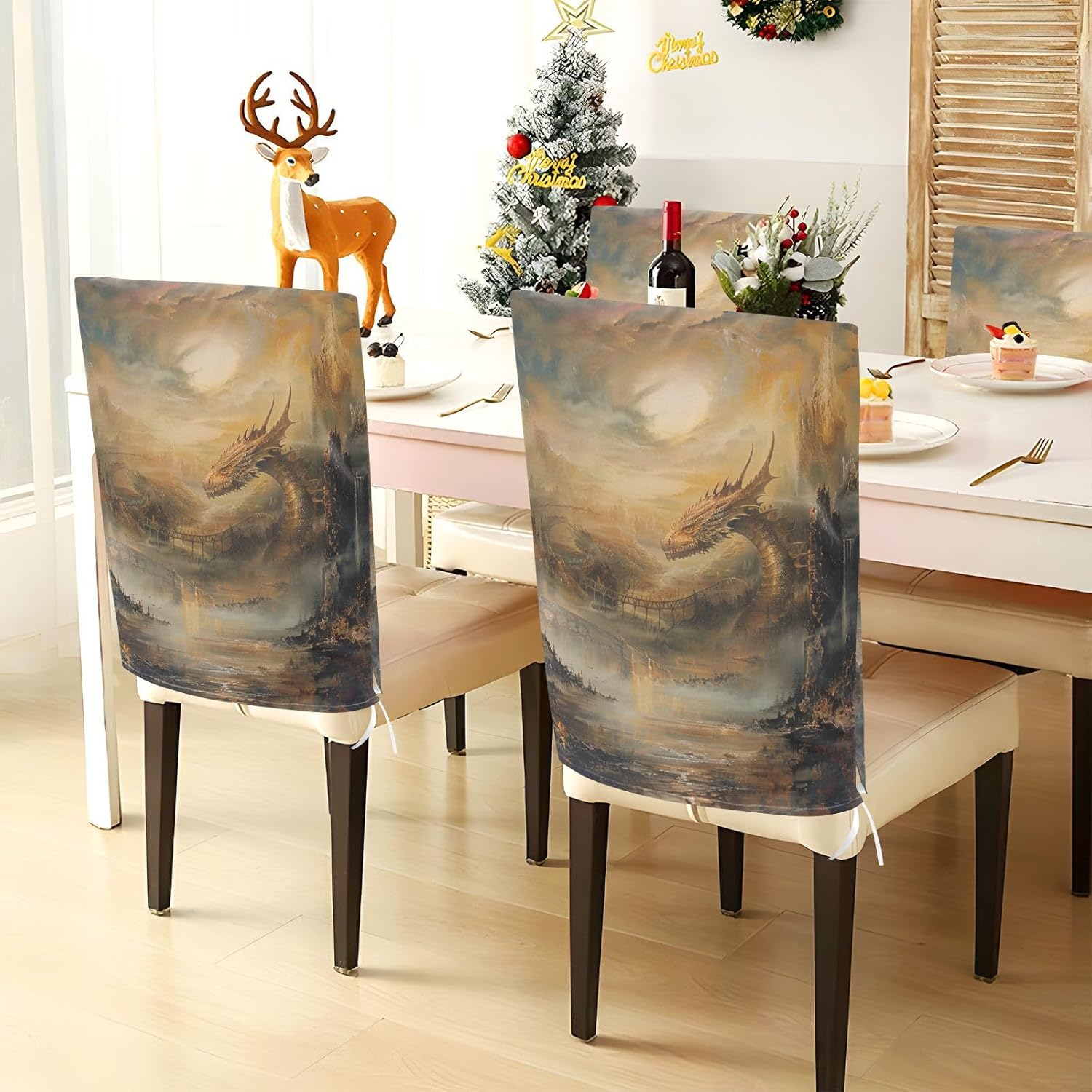 ALAZA Dragon in The Dreamy Landscape Chair Back Cover Set of 6, Washable Reusable Removable Chair Slipcovers Decorative Chair Cover for Home Kitchen Wedding Party