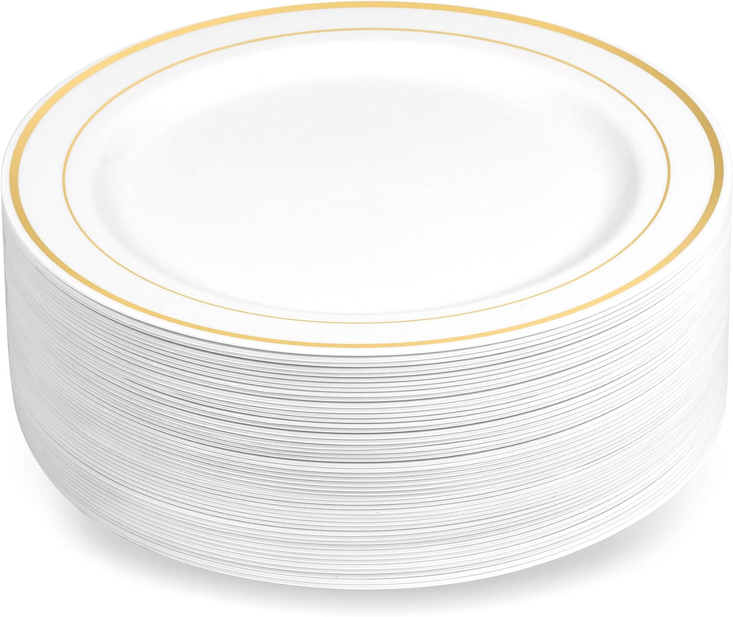 BloominGoods 50 Plastic Disposable Dessert/Appetizer Plates | 7.5 inches White with Gold Rim Real China Look | Ideal for Weddings, Parties, Catering | Heavy Duty & Non Toxic (50-Pack)