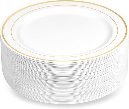 BloominGoods 50 Plastic Disposable Dessert/Appetizer Plates | 7.5 inches White with Gold Rim Real China Look | Ideal for Weddings, Parties, Catering | Heavy Duty & Non Toxic 50-Pack