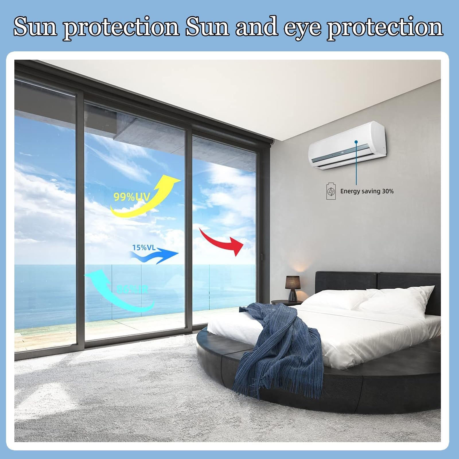 HJXGQJM Spiegelfolie Fensterfolie Von Innen Durchsichtig Von Aussen Blickdicht Sichtschutzfolie Fenster Sonnenschutzfolie for Büro Und Zuhause，Selbsthaftend UV-Schutz Fensterfolie Blau(105x200cm)