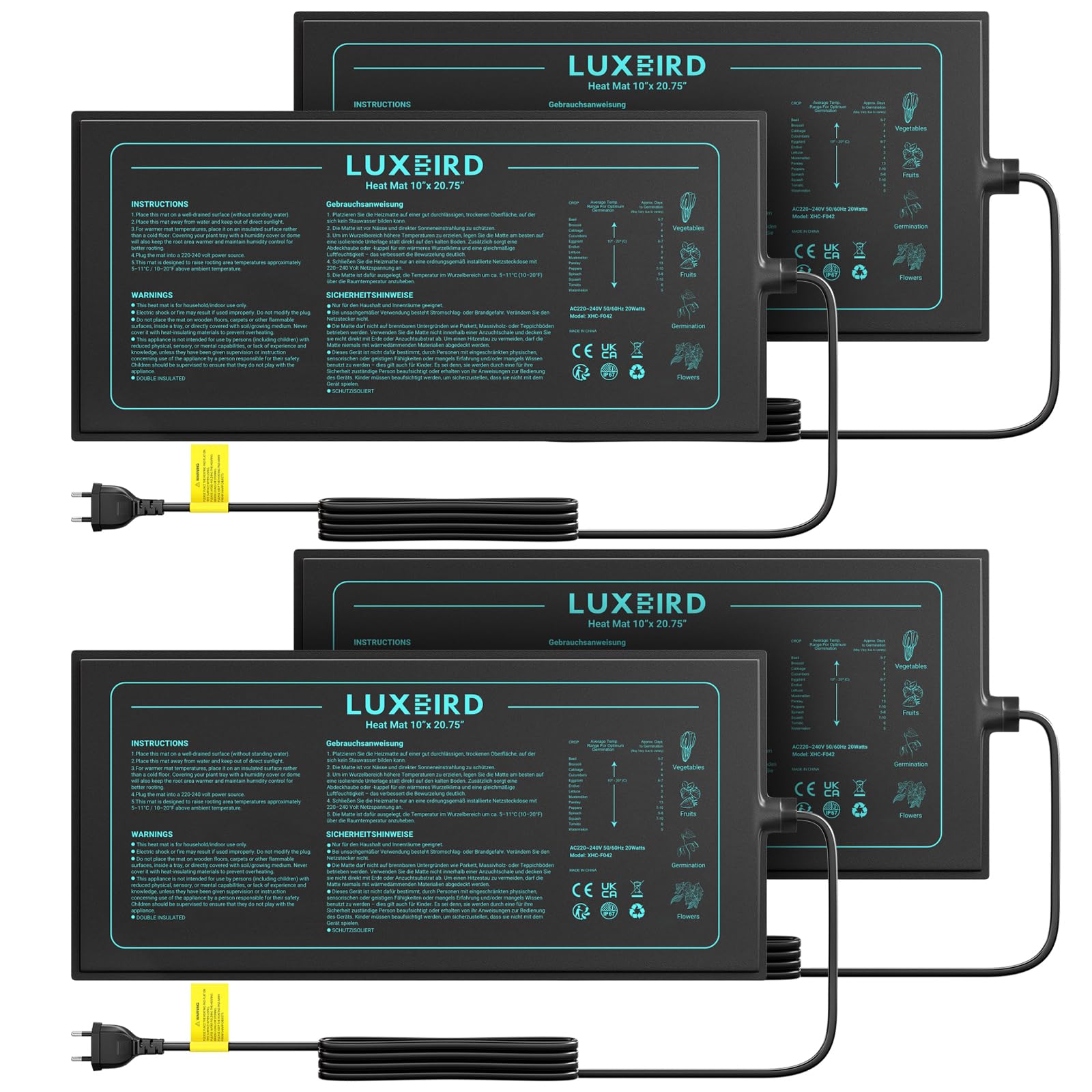 Luxbird Tappetino riscaldante per piante, confezione da 4 tappetini riscaldanti impermeabili da 20 W, per serra da interni, giardini, serre, terrario, animali domestici, rettili, tappetini riscaldanti