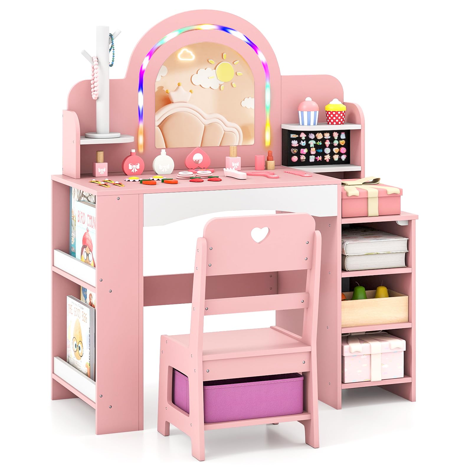 COSTWAY Kids Vanity Set, Girls Dressing Table with Lights Mirror, Bookshelf, Drawers, Storage Compartments, Wooden Makeup Table and Chair Set (Pink with Jewelry Storage)
