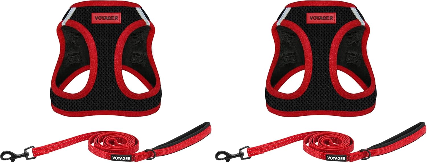 Voyager Step-in Air All Weather Mesh Harness and Reflective Dog 5 ft Leash Combo with Neoprene Handle, for Small, Medium and Large Breed Puppies by Best Pet Supplies - Red Trim, M (Pack of 2)