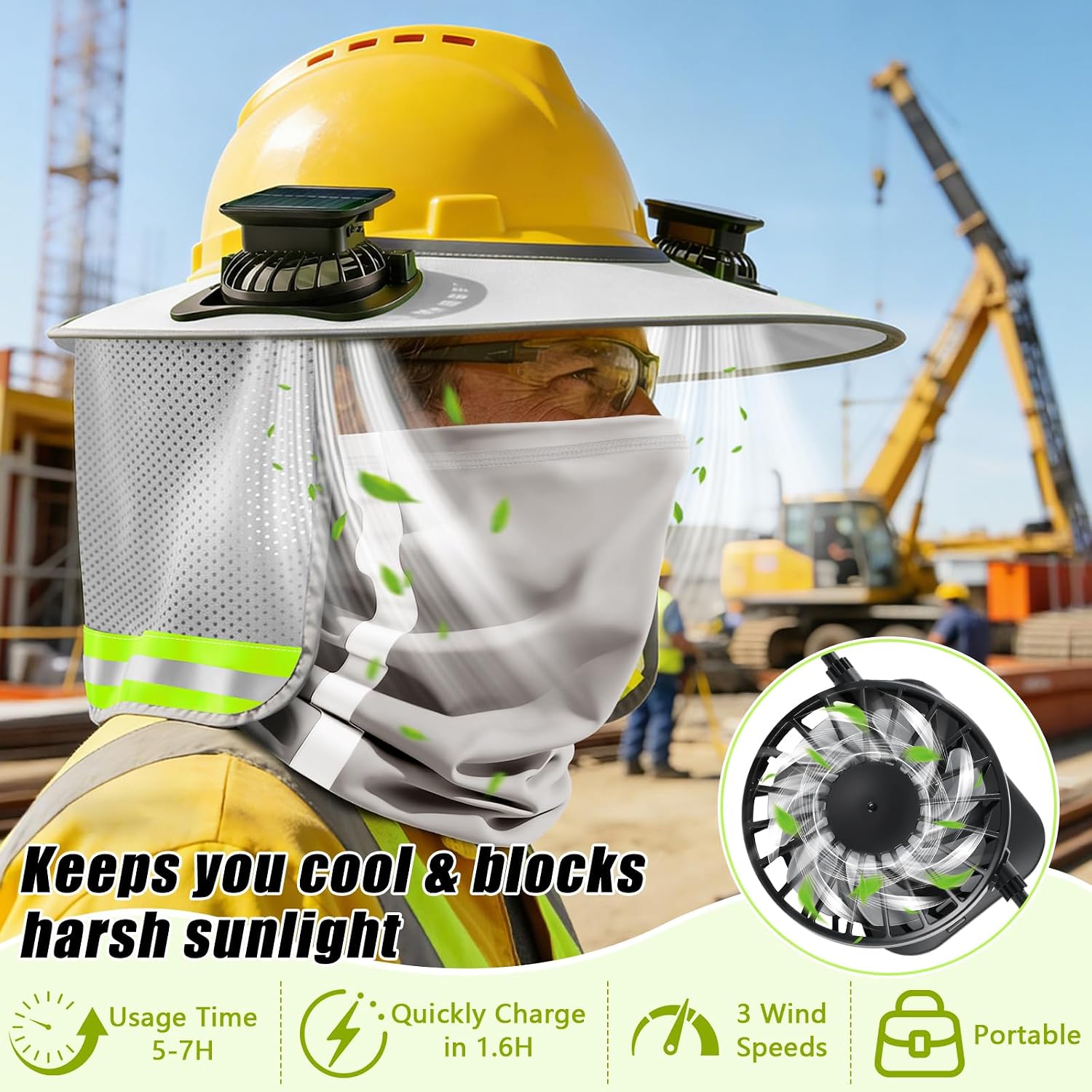 Hardhat Sun Shade, Hard Hat Visor Sun Shade Full Brim with Mesh Cape and Neck Gaiter, Hard Hat Sun Shield with Reflective Strip for Construction Workers Outdoor Summer Protection