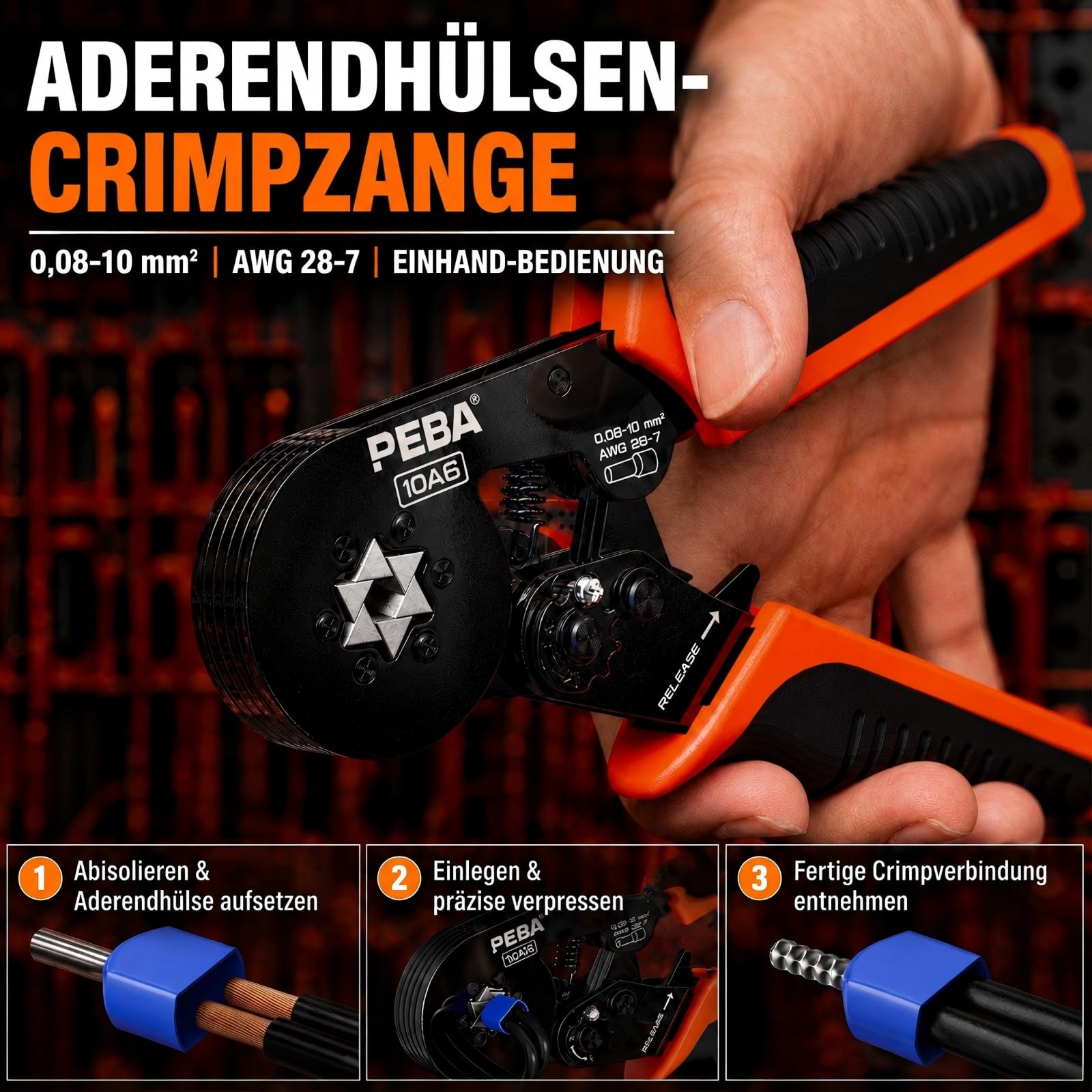 PEBA Crimpzange Aderendhülsen Set, 33 Größen 0,25–10 mm² Aderendhülsen, Sechskant Aderendhülsenzange selbstjustierend mit Ratsche, Twin-Hülsen, isoliert & unisoliert, 8/9/10/12/18 mm, Abisolierzange