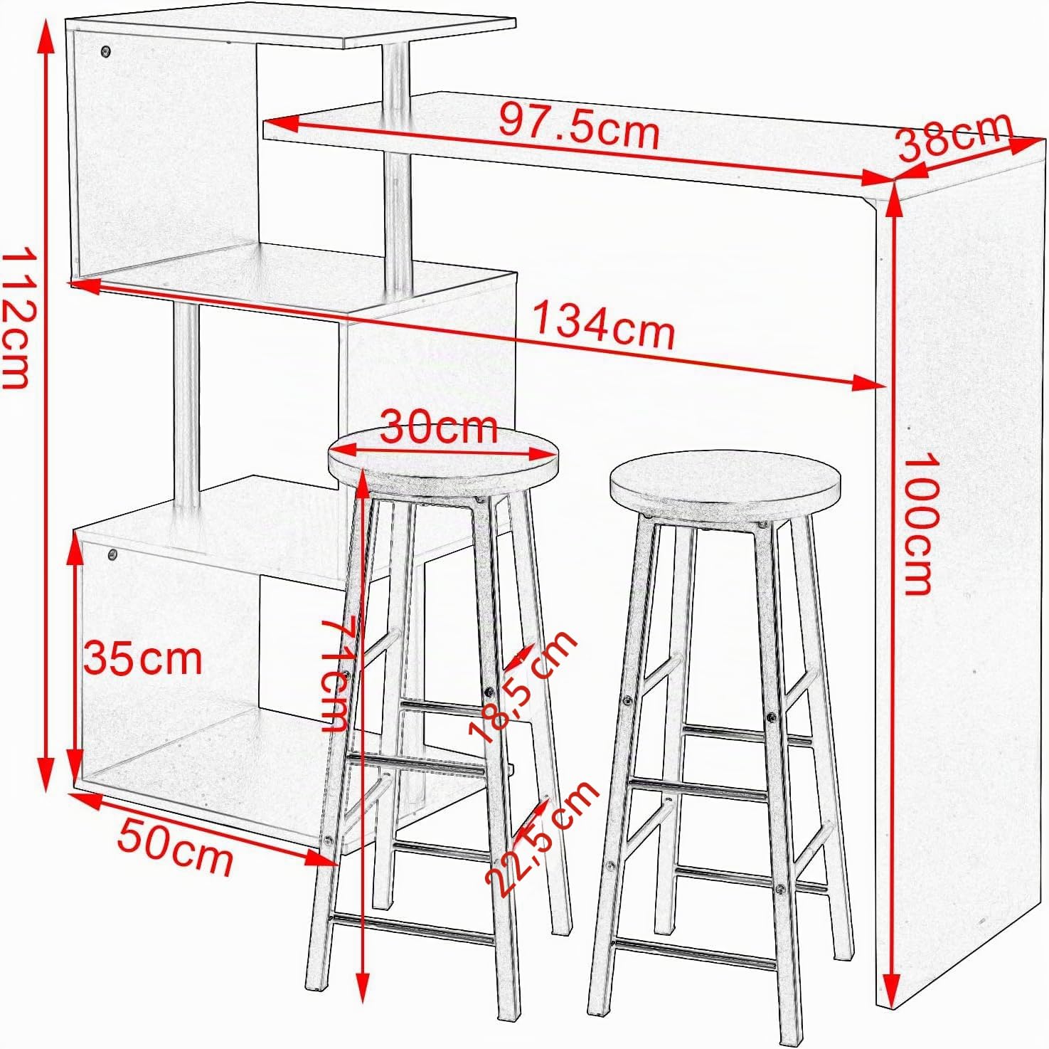 WOLTU Tavolo con 2 Sgabelli Alti Set, Mobili da Bar Bancone con ripiano portaoggetti, Tavolo Alto con Sedia in Acciaio Legno per Cucina, Bianco