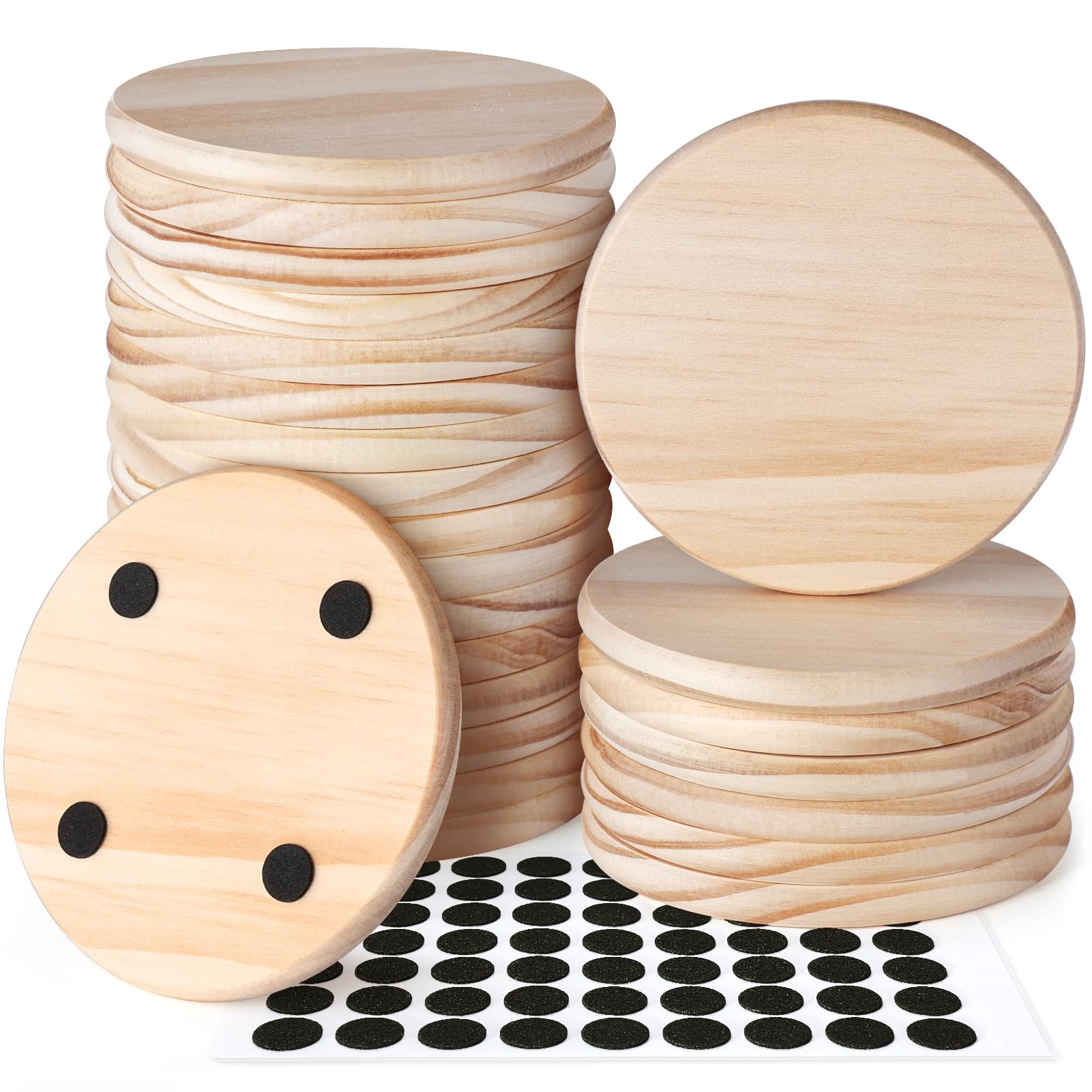 24 Pieces Unfinished Wood Coasters, GOH DODD 4 Inch Wooden Blanks with Non-Slip Pads for Laser Engraving Wood Burning Staining Painting Decoupage Housewarming Gifts Wedding Crafts Education, Round