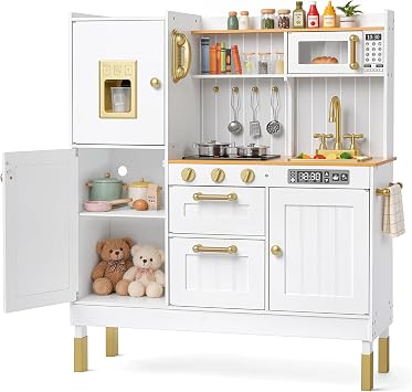Kinder King Wooden Kids Play Kitchen, Pretend Telephone & Ice Maker, White