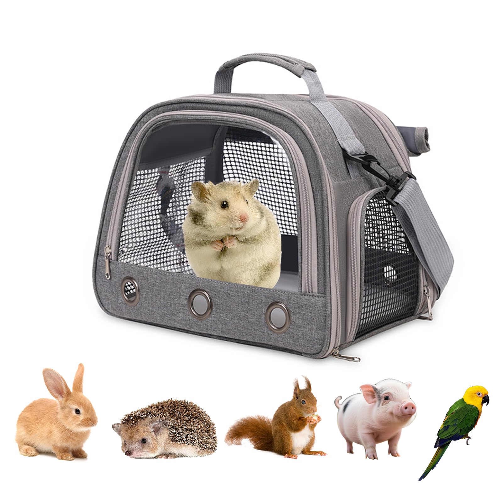 Sac de Transport pour Petits Animaux, 35 * 25 * 23Cm Sac De Voyage pour Animal Domestique,Cage De Transport Portable pour Petit Oiseau,Rats,Cochons d'Inde,Chinchillas,Hamster,hérisso,Gris