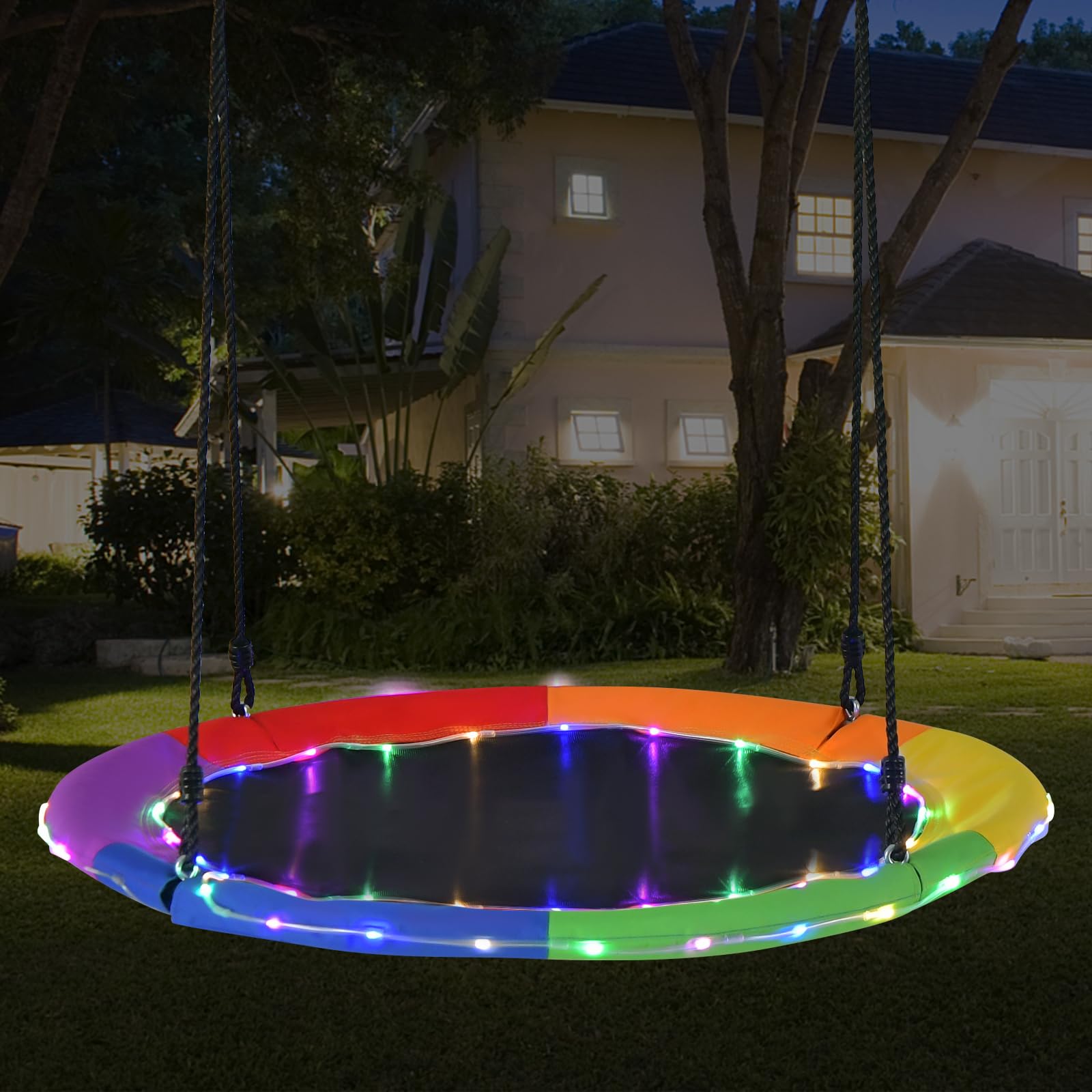 COSTWAY Columpio Redondo, Diámetro 100cm, Columpio Jardin Exterior Niños 3+ Años, Luces LED Multicolores, 8 Modos, 2 Cuerdas Ajustables, Columpio Nido Carga 300kg (Multicolor)