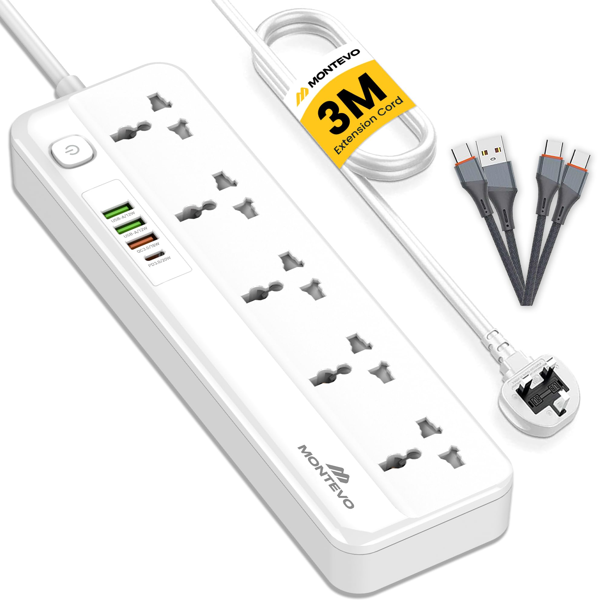 – 5 Way 3M Power Extension Cord with 4 USB, 20W USB-C PD and USB-A QC Fast Charging, 5 Universal Outlet Multi Plug Power Strip, Includes 2 USB Cables, 3 meters Cable