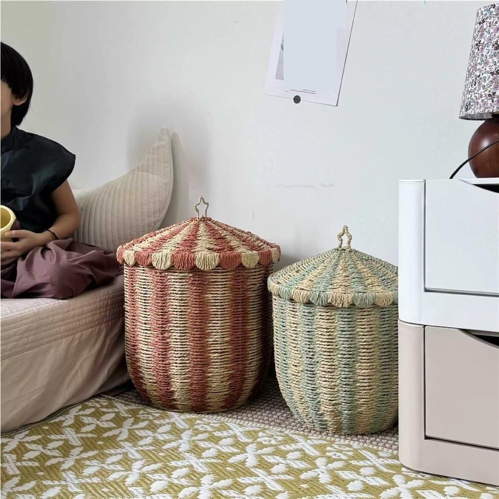 Creative Laundry Hamper, Paper Rope Laundry Basket with Lid, Round Laundry Storage Bin with Metal Frame for Household Storage(Blue,Large)