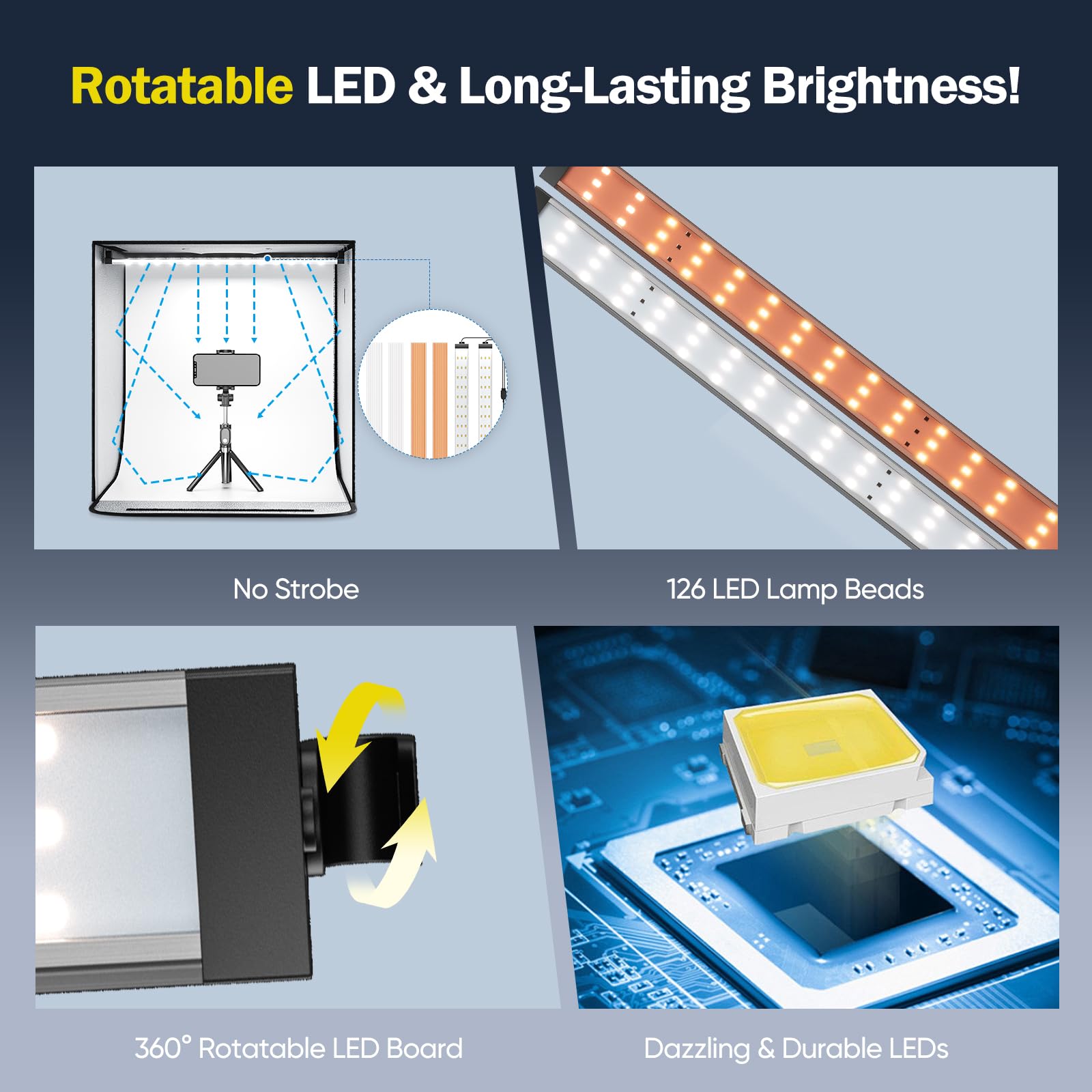 Boîte à Lumière 50x50x50CM, Caisson Lumineux de Photographie de Support, Boîtes de Lumière Kit à Luminosité Réglable de 0 à 100% Boite Photo, Équipée de 126 Perles LED Rotatives à 360°