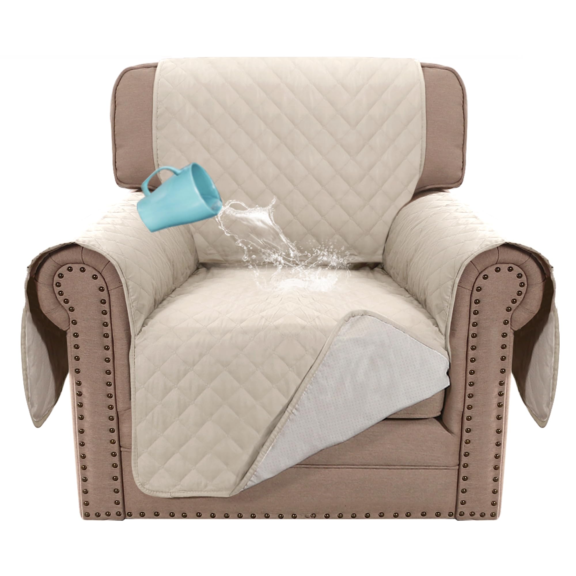 Bellahills Ivory Sofa Cover 100% Waterproof Sofa Covers 1 Seater Armchair Covers Triple Non-Slip Sofa Slipcovers For 1 Cushion Chair Washable Sofa Protector For Kids/Pets (Chair 23",)