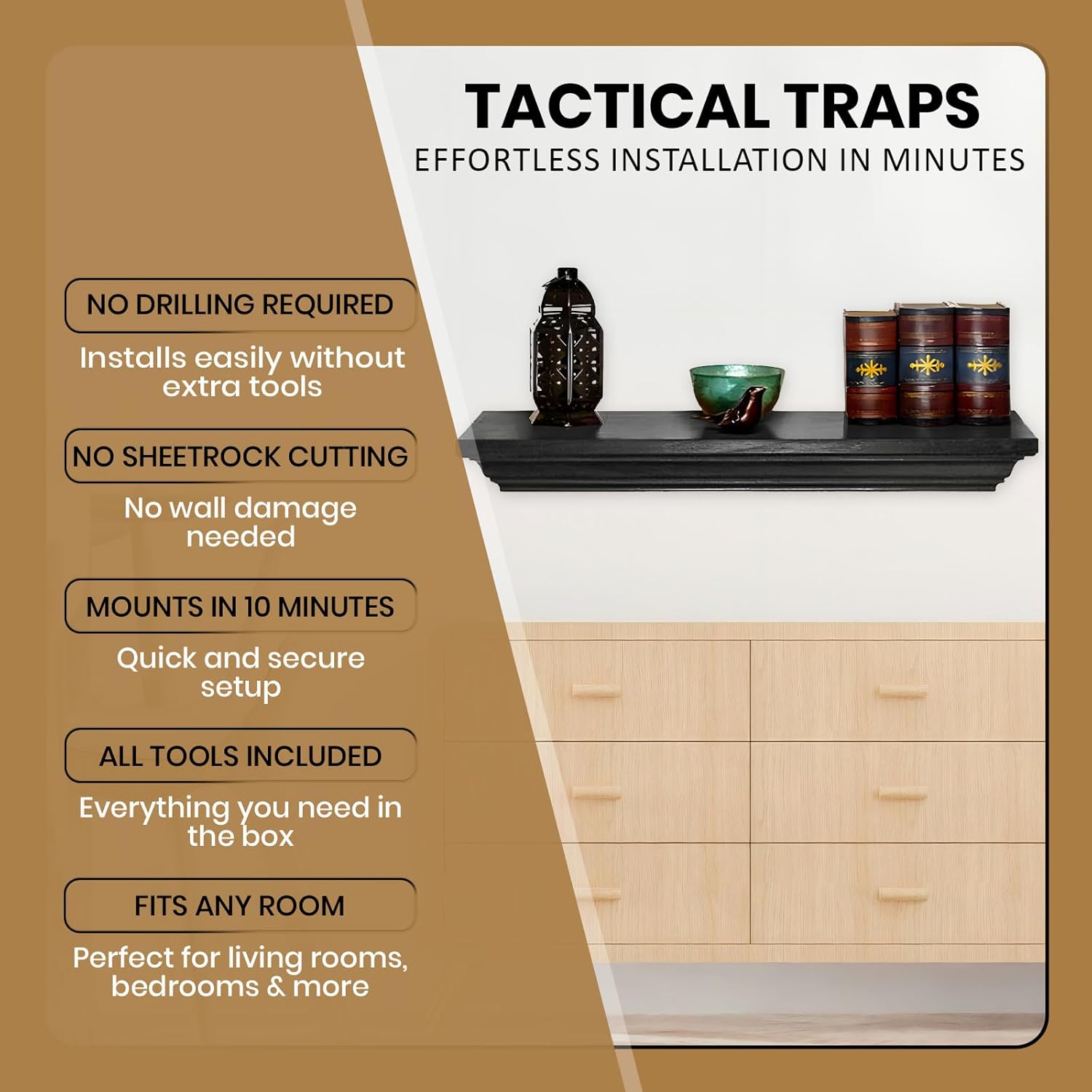 Tactical Traps Patriot 35S Compact Gun Shelf with Trap Door | Compact Firearm Storage with RFID Lock | Easy Installation | Secure & Safe Compartment | 22 ½ ” X 10 ¼” X 4” - Ebony