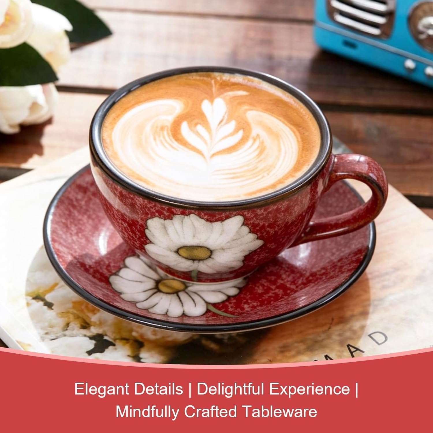 Cappuccino-Tassen, 4er-Set, 237 ml, florales Porzellan, Kaffeetassen für Zuhause, Küche und Büro, perfekt für Espresso, Latte, Americano, Milch und Tee