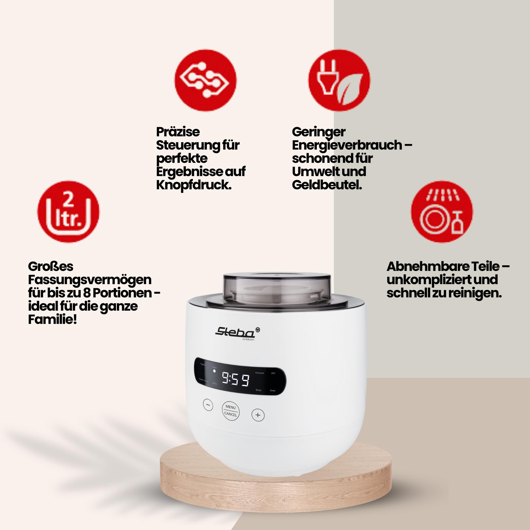 Steba JM 4 Joghurt-Maker | 1 Joghurtglas 2 l, 1 Joghurtglas 1,3 l, 5 Automatikprogramme, Leichte Reinigung