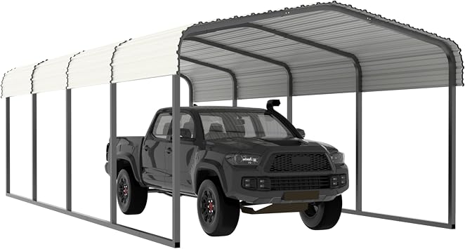 Yardenaler 12x20 FT Outdoor Carport with Metal Roof, Heavy Duty Metal Carport Canopy, Garage Car Shelter Shade for Car, Truck, Boat, Eggshell