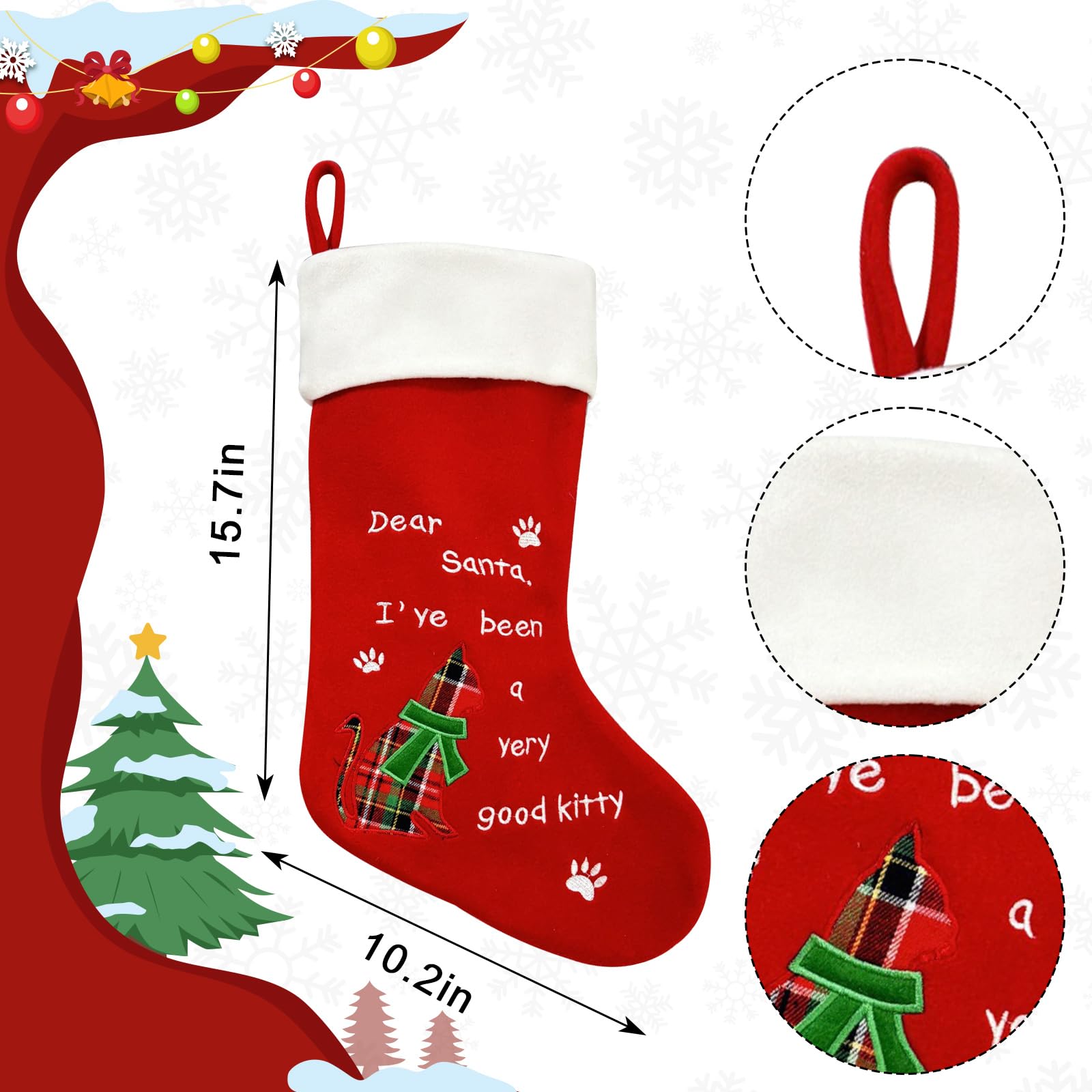 Habbiful Large Christmas Stockings Xmas Stockings for Gifts Christmas Tree Decoration Red Cat Velvet Christmas Stockings Xmas Fireplace Hanging Stockings for Home Holiday Party Decoration Favors