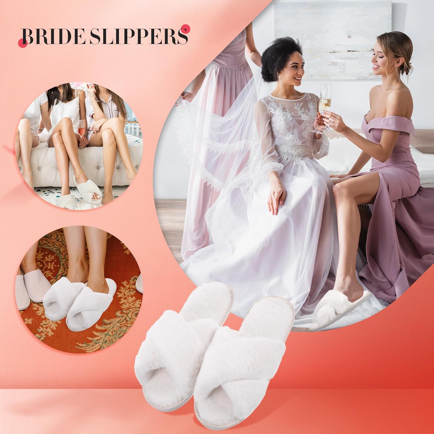 Newcotte 2 Pairs Women's Fuzzy Slippers Cross Band Fluffy Plush Cozy Open Toe House Slippers for Bridesmaid Indoor Outdoor - Image 2