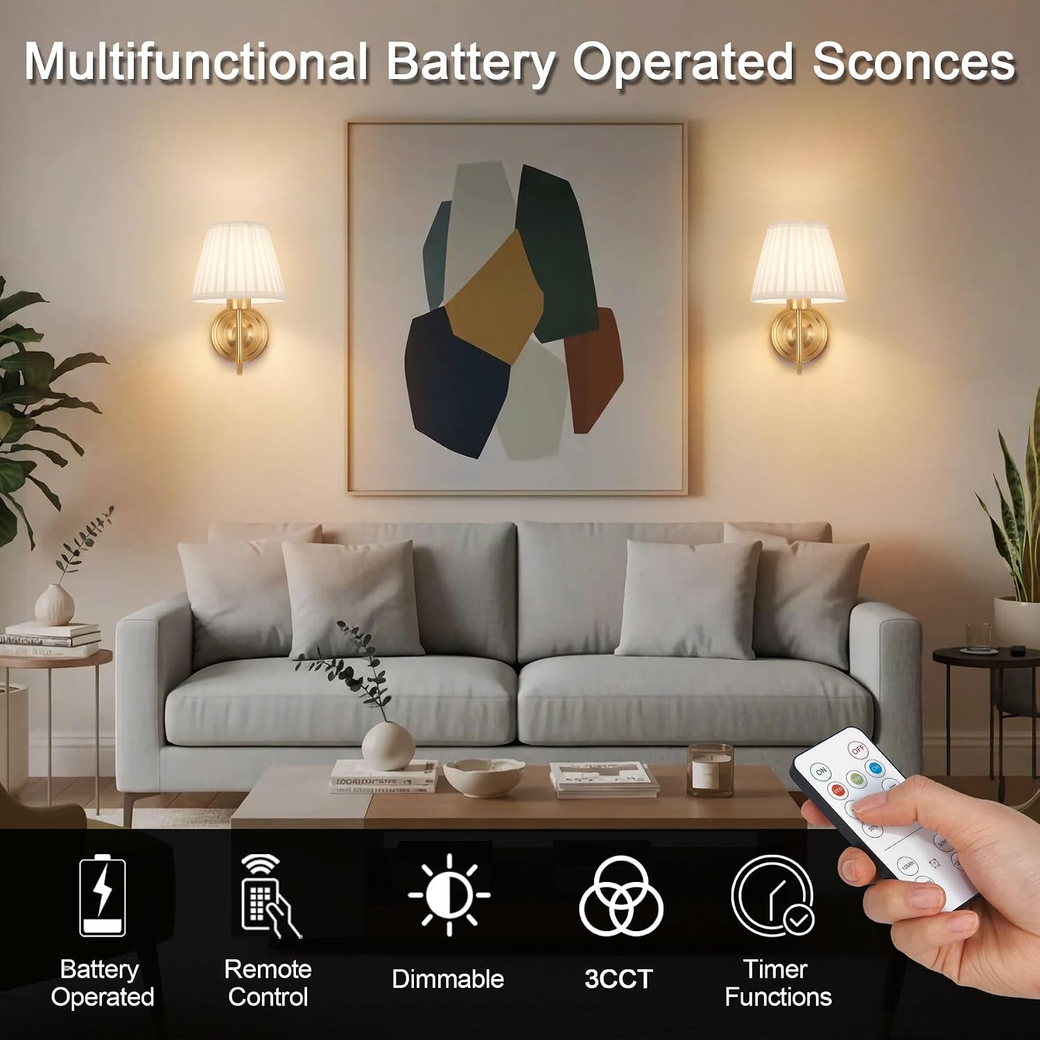 Wireless Wall Sconce Set of 2, Gold Battery Operated Wall Lights with 3 CCT Color Temperature & Dimmable Magnetic Bulb and Remote, Rechargeable Wall Decor Lamp for Bedroom Living Room Hallway