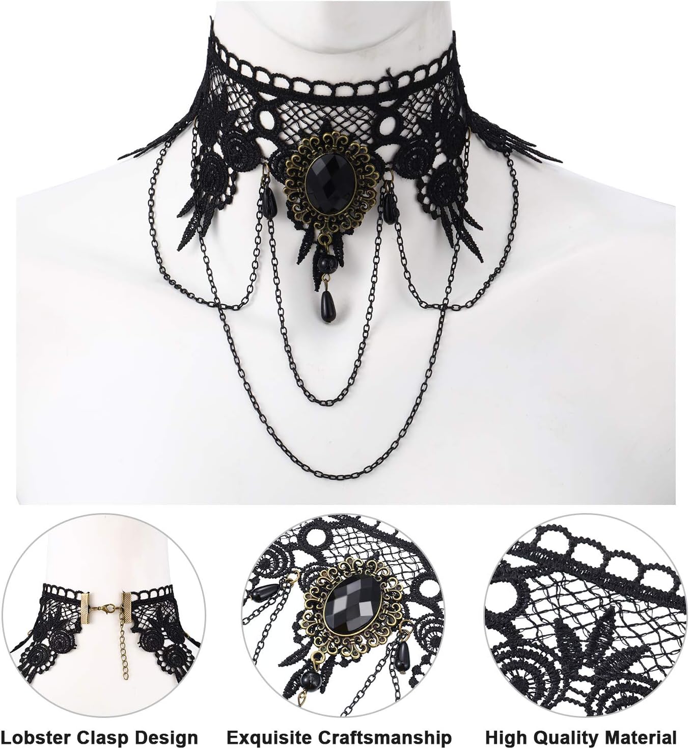 9 Pieces Halloween Vampire Choker Necklace Gothic Black Lace Choker Necklace with Bracelet Earrings and Vampire Teeth Fangs for Halloween Costume Accessories Women - Image 6