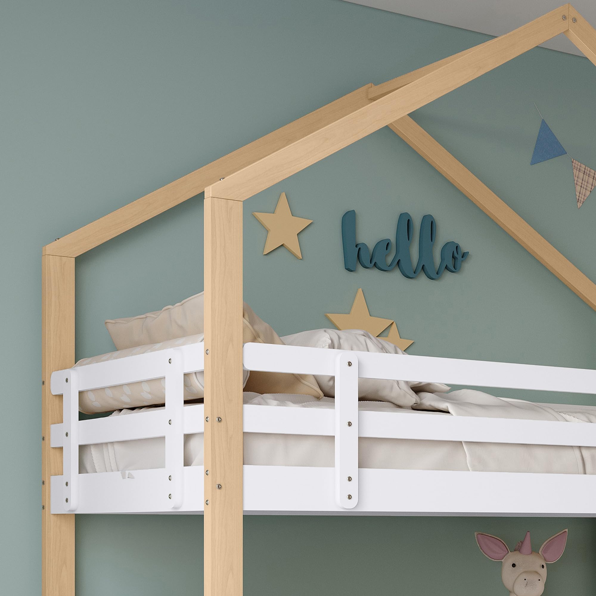 Moimhear litera con casa del árbol extensible, cama corrediza, escalera con 4 cajones, cama infantil con protección contra caídas y reja de cama infantil, con somier, Natural+Blanco (90x200cm